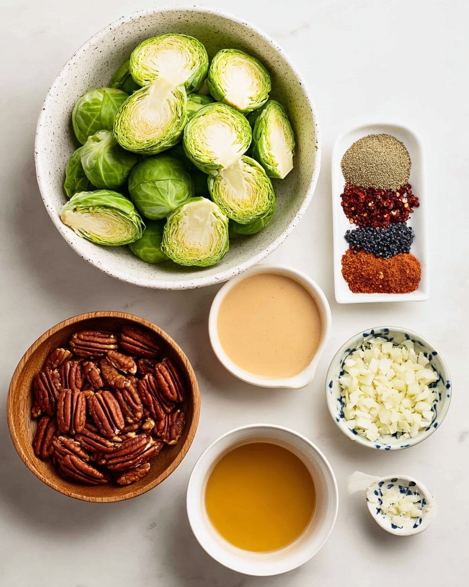 A white bowl filled with roughly chopped Brussels sprouts, coated in a reddish-brown spice mix and oil, giving them a glossy look, with green and pale yellow leaves visible; below the bowl on a white marbled surface there is a small white dish with dark blue spots holding chopped white garlic pieces. Photo taken with an iphone --ar 4:5 --v 7