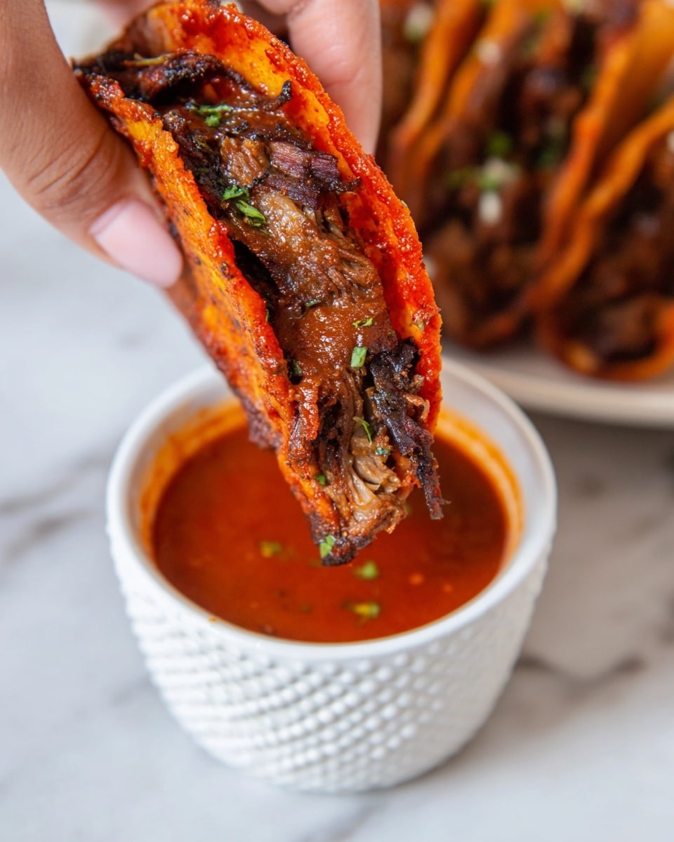 A close-up of a woman's hand holding a taco with two layers showing; the outer shell is a red, slightly crispy tortilla dipped in red chili sauce, wrapping meat that is dark brown and juicy with some charred bits, inside the taco is garnished with tiny green herbs, below is a white textured cup filled with red chili sauce, and the background is a white marbled texture with a plate of similar tacos blurred in the back, photo taken with an iphone --ar 4:5 --v 7