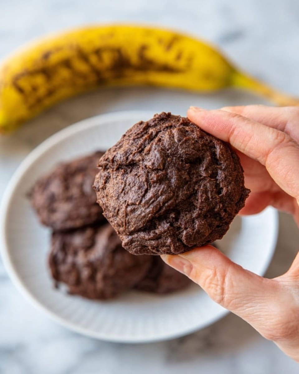 A close-up of a woman's hand holding a single dark brown chocolate cookie with a rough, textured surface showing soft folds and cracks. In the background, there is a white plate holding a small pile of similar chocolate cookies, slightly out of focus. Behind the plate, a yellow banana with dark spots is visible, all set on a white marbled surface. Photo taken with an iphone --ar 4:5 --v 7