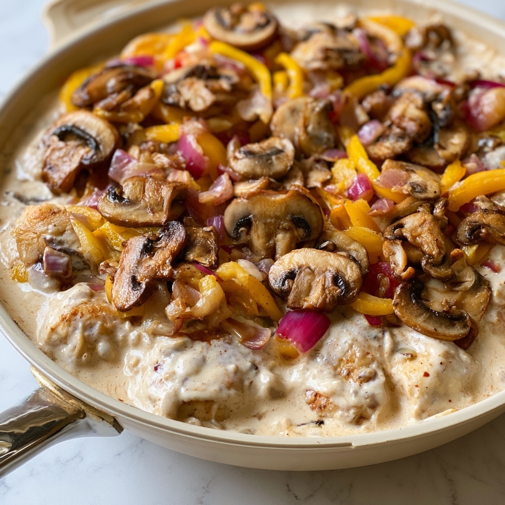 The image shows a close-up of a skillet with a creamy sauce base that is light beige in color and covers the bottom layer. On top of the sauce are pieces of cooked chicken, mostly covered but visible in some parts, with a light golden-brown color. The top layer is made up of sautéed mushrooms, yellow bell pepper strips, and slightly translucent red onion pieces scattered unevenly over the chicken. The skillet itself is light colored with a metallic handle, and the background surface is a smooth white marble texture. photo taken with an iphone --ar 4:5 --v 7