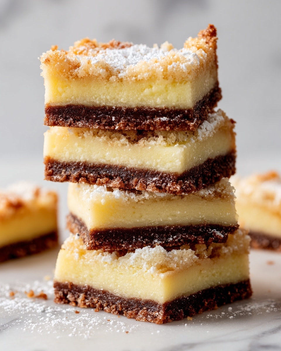 A stack of five square bars arranged vertically, each with two layers: a thick, smooth, pale yellow top layer and a thinner, dark brown, crumbly bottom layer that looks like a nutty crust. The edges are straight and clean, and some powdered sugar lightly dusts the top of the bars and the surrounding white marbled surface. The texture of the top layer appears soft and creamy while the bottom layer looks crunchy and coarse. Photo taken with an iphone --ar 4:5 --v 7