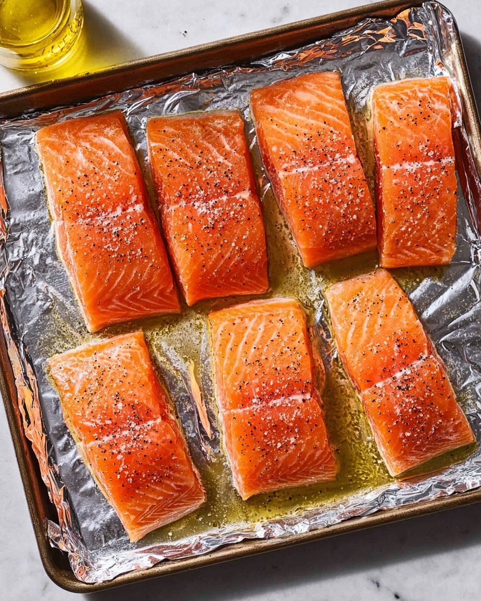 The image shows six raw salmon fillets arranged in two rows of three on a baking tray lined with silver foil. Each fillet is a bright orange color with visible white lines of fat and sprinkled with black pepper and coarse salt. The fillets have a shiny, moist texture with a light layer of oil around them on the foil. The tray is placed on a white marbled surface, and in the top left corner, part of a glass bottle with yellow oil is slightly visible. Photo taken with an iphone --ar 4:5 --v 7