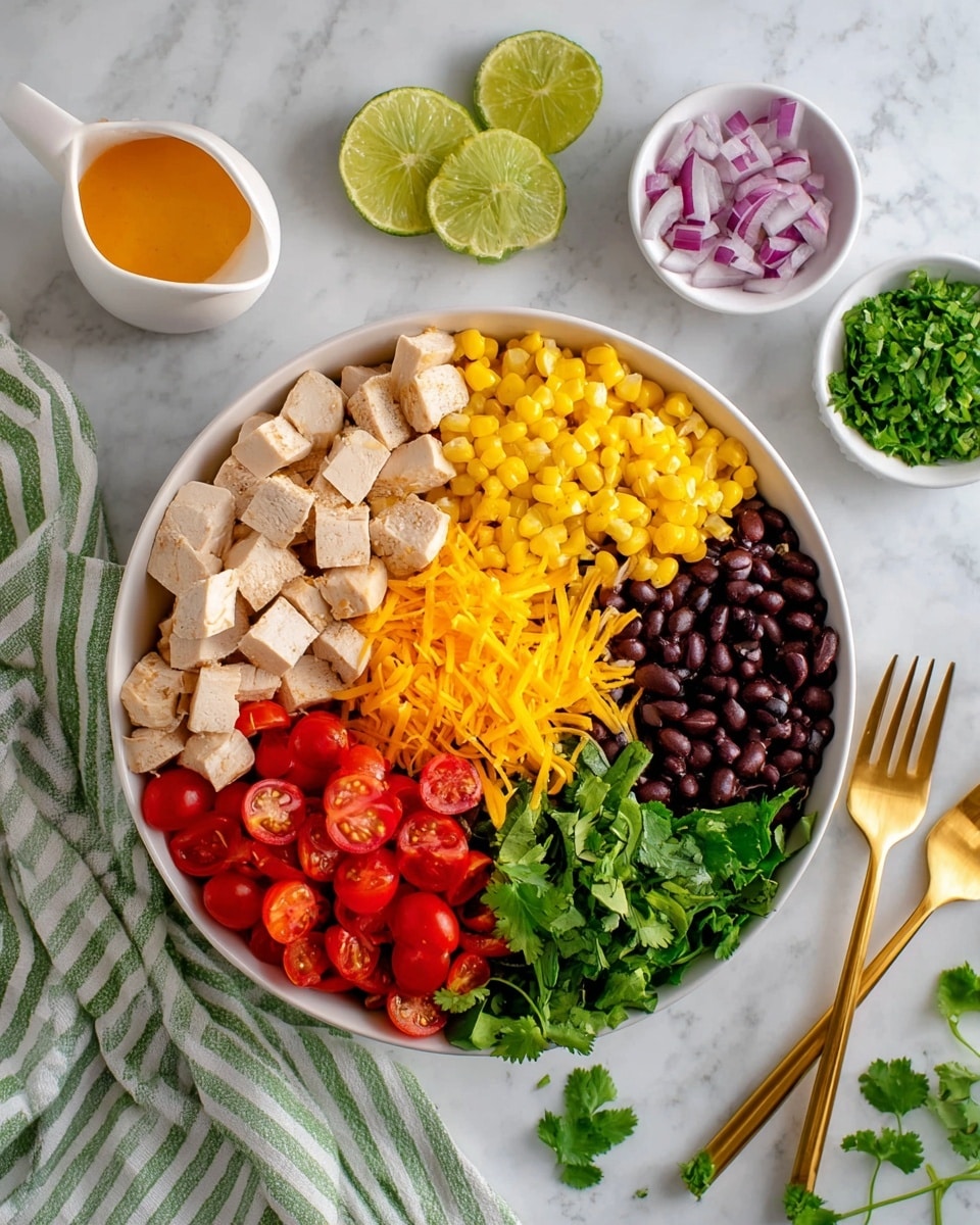 A white bowl holds six distinct layers of ingredients in neat sections: diced cooked chicken in light brown and white tones on the left, bright yellow corn kernels next to it, vibrant halved red cherry tomatoes in the center, dark black beans to the right, fresh green cilantro leaves below the tomatoes and beans, and shredded bright orange cheddar cheese at the bottom. On the white marbled surface around the bowl are two lime halves, a small white bowl of diced avocado, a small white bowl of chopped cilantro, a small white sauce pitcher with orange dressing, a small white bowl with sliced red onion, and a white cloth with green stripes. Two golden forks rest beside the bowl. Photo taken with an iphone --ar 4:5 --v 7
