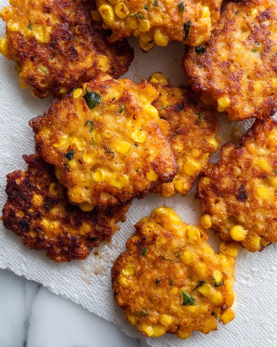 The image shows several golden brown corn fritters laid out on a white paper towel. Each fritter is irregularly shaped, round to oval, with a crispy rough texture on the outside. Bright yellow corn kernels are visible throughout the fritters, mixed with bits of green herbs. The fritters have a slightly darker edge, indicating a well-fried surface. The white paper towel underneath them has small oil spots catching the light, set on a white marbled surface. photo taken with an iphone --ar 4:5 --v 7