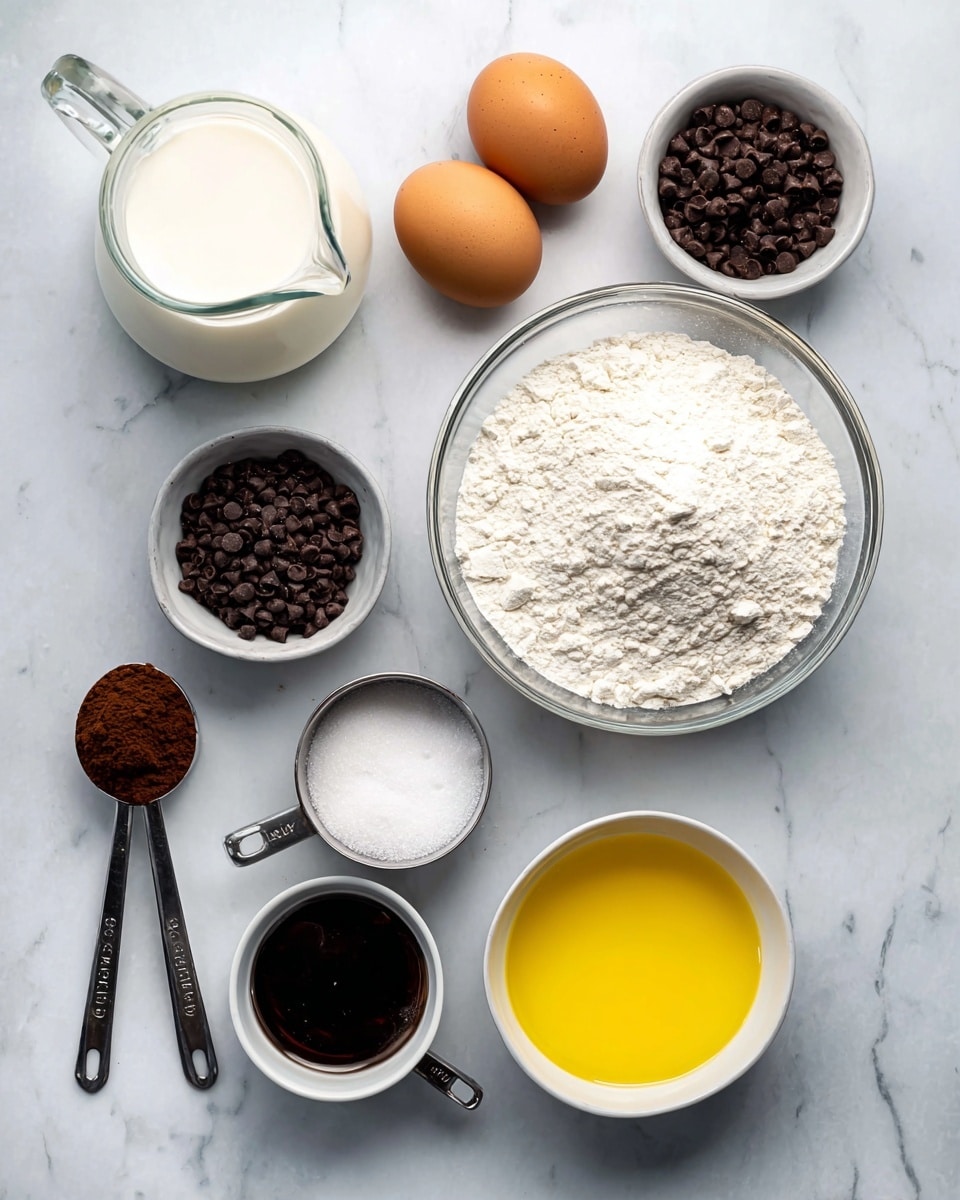 The image shows several baking ingredients arranged neatly on a white marbled surface. There are two brown eggs placed near the top center. To the left, a clear glass jug holds white milk. Below the eggs and milk is a large transparent bowl filled with white flour. To the right of the eggs is a metal cup filled with small dark brown chocolate chips. Next to the chocolate chips is a small white bowl filled with white granulated sugar. Below this sugar bowl is a metal cup holding white baking powder. At the bottom right, there is a white bowl filled with melted yellow butter. Near the bottom left are two metal measuring spoons, one with dark cocoa powder and the other with a dark liquid extract, possibly vanilla, all set on the white marbled surface. Photo taken with an iphone --ar 4:5 --v 7