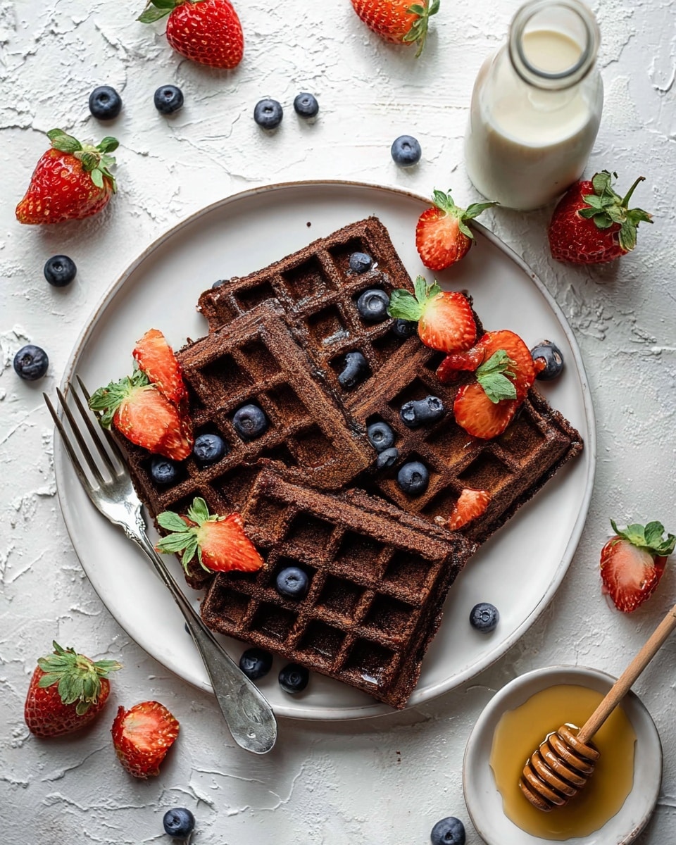 Two thick square chocolate waffles are stacked on top of each other on a white plate with a thin brown rim, placed on a white marbled surface. On the top waffle, there are fresh berries scattered: three halved bright red strawberries with green leaves and several round blue blueberries. A woman's hand holds a wooden honey dipper above the waffles, with golden honey dripping down and landing on the strawberries and blueberries, creating a shiny glaze. More halved strawberries and blueberries are arranged around the plate and on the surface. The texture of the waffles is well-defined with deep square pockets. photo taken with an iphone --ar 4:5 --v 7