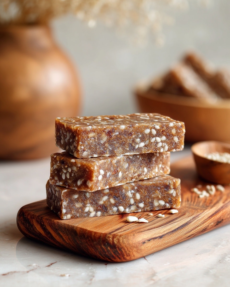 Three rectangular brown energy bars with small white seeds and grains are stacked slightly on a wooden board with visible grain patterns. The bars have a smooth, slightly shiny surface with textured bits inside them. In the background, there is a blurred wooden bowl holding similar bars. The scene is set on a white marbled texture surface. Photo taken with an iphone --ar 4:5 --v 7