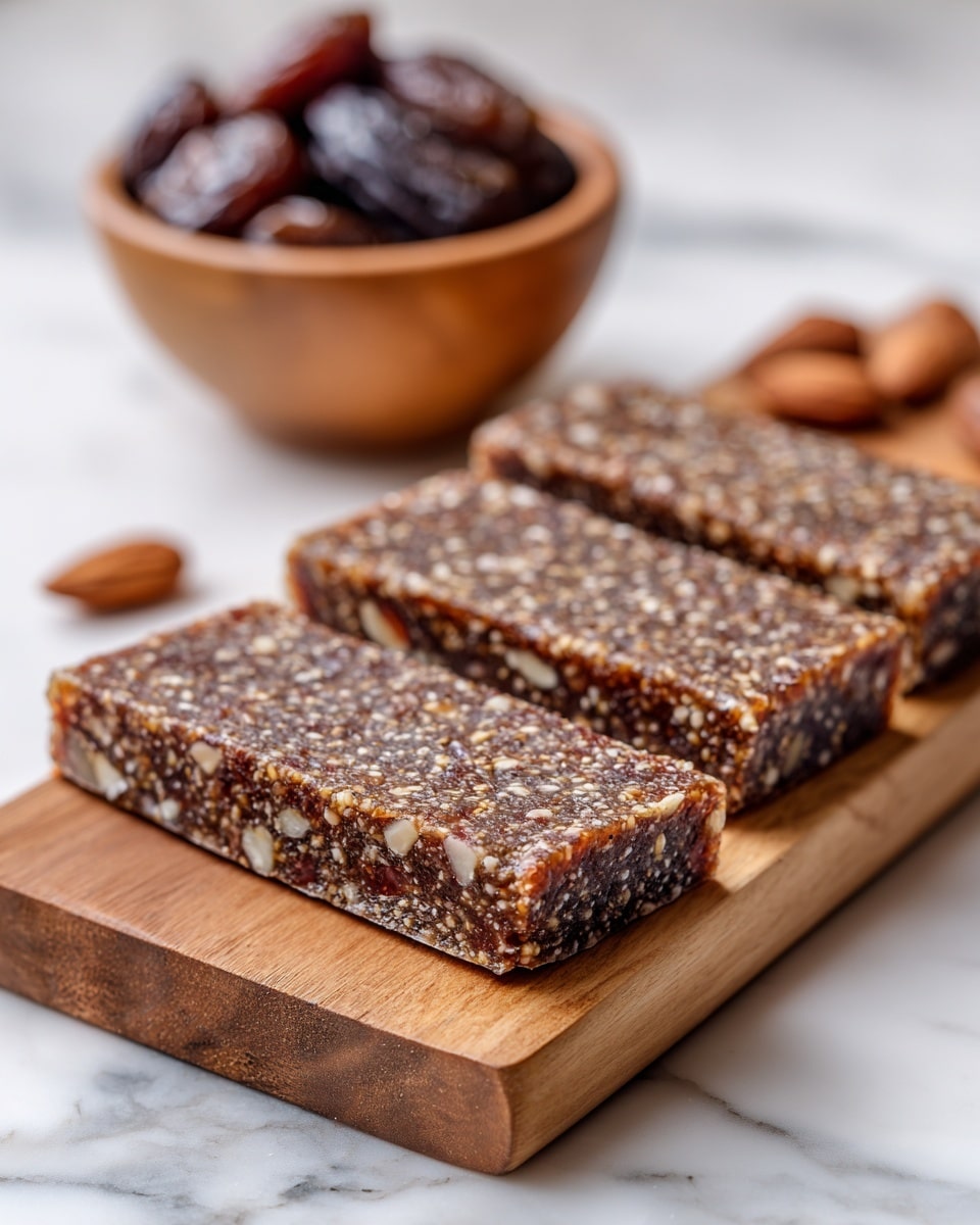 Three rectangular brown nut bars with visible bits of nuts and seeds are placed side by side on a wooden cutting board. The texture looks dense and chewy with a slightly glossy surface. In the background, there is a wooden bowl filled with dark brown nuts or seeds, slightly out of focus. The scene is set on a white marbled surface. Photo taken with an iphone --ar 4:5 --v 7