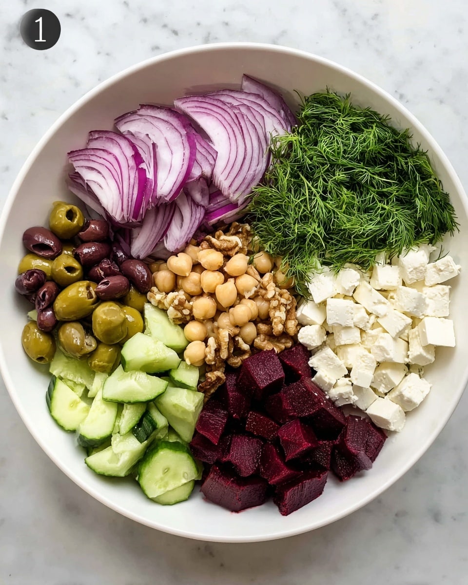 The image shows a white bowl with seven layers of food arranged separately inside it. Starting from the top left, there are thinly sliced purple onions with a smooth texture. Next to the onions, there is a small pile of fresh green dill with a feathery look. Beside the dill are small pieces of light brown walnuts with a rough texture. Moving to the right, there are dark red cubes of cooked beets with a shiny surface. Below the beets, white cubes of soft cheese are placed neatly. To the left of the cheese, light green cucumber pieces with a fresh and slightly glossy texture fill the space. Lastly, next to the cucumber and below the onions, there is a portion of dark purple Kalamata olives with a shiny appearance. In the center of the bowl, a mound of pale yellow chickpeas with a round shape completes the arrangement. The bowl rests on a white marbled surface. Photo taken with an iphone --ar 4:5 --v 7