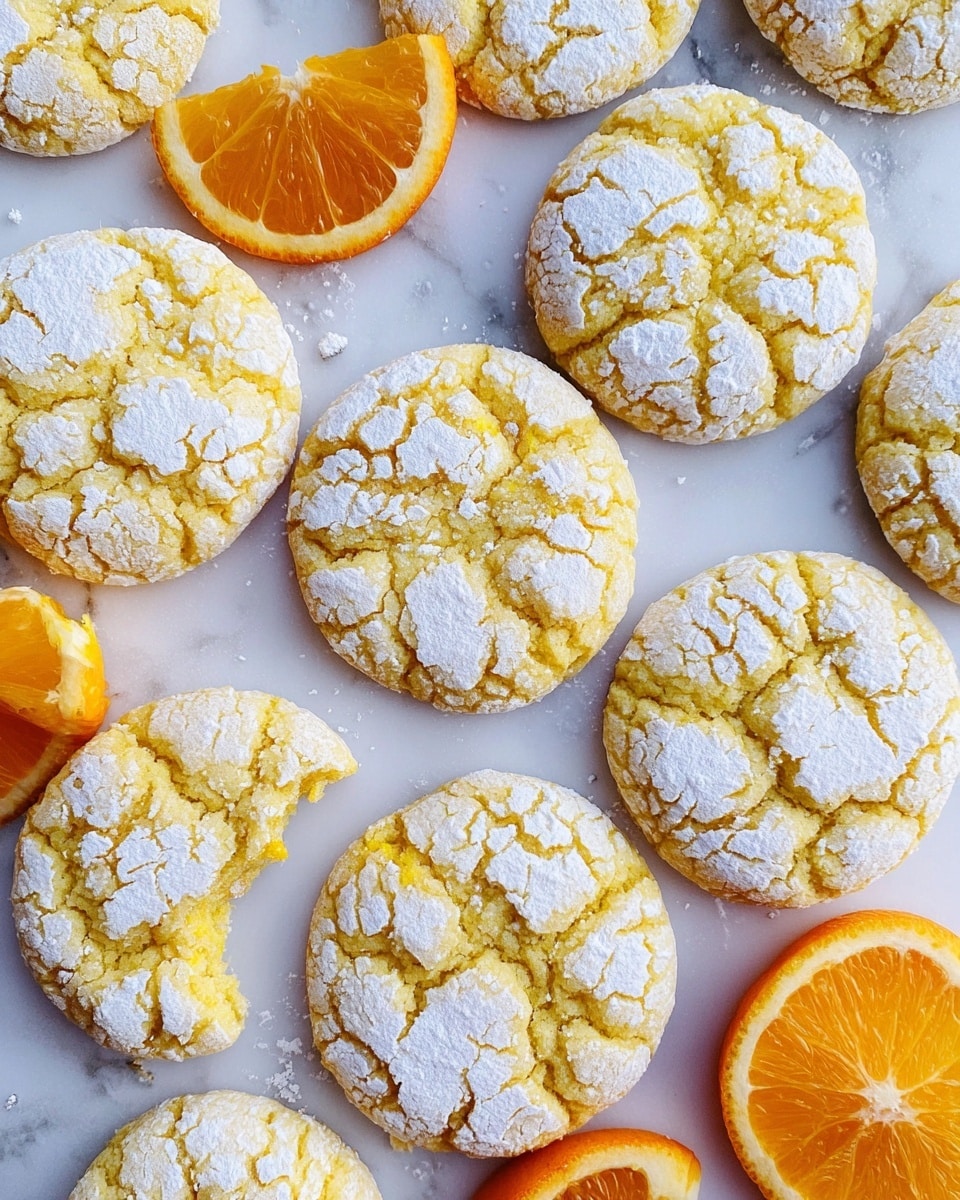 There are many round cookies placed directly on a white marbled surface, each cookie showing a cracked pattern with a light yellow base and white powdered sugar highlights on top. Among the cookies, a few halves of fresh orange with bright orange peel and juicy, segmented interior are scattered to the side. One cookie has a small bite taken out from its edge, showing its soft inside texture. The arrangement is bright and colorful with a fresh and light feel. Photo taken with an iphone --ar 4:5 --v 7