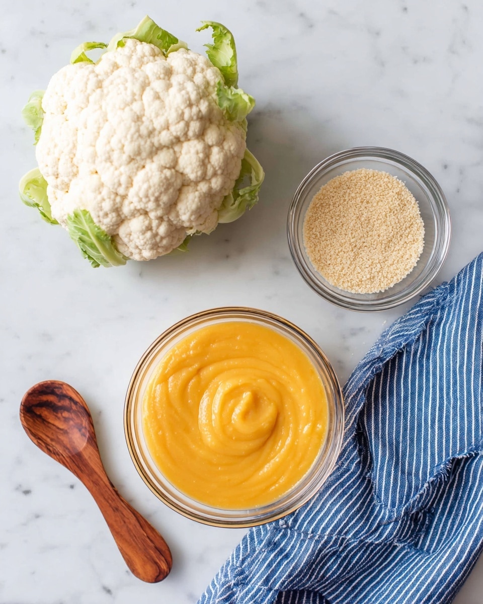 A whole white cauliflower with a few green leaves is placed on a white marbled surface at the top left. To the right, a small clear glass bowl holds a light tan crumbly powder. Below, a larger clear glass bowl contains smooth, thick, bright orange-yellow sauce with visible swirls on the surface. A wooden spoon with a rich brown grain lies diagonally next to the bowls on the white marbled surface. A blue and white striped cloth is casually spread on the right side under the bowls. Photo taken with an iphone --ar 4:5 --v 7