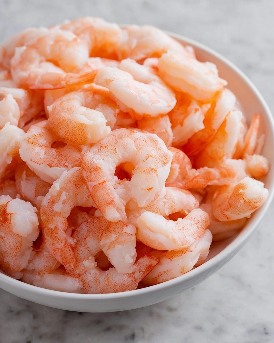 A white bowl is filled with many peeled and cooked shrimp that have a soft pink and white color. The shrimp are piled high and show their curved shape with detail on their smooth texture. The bowl rests on a white marbled surface, making the shrimp stand out with their gentle orange tones and slight shine. The image focuses closely on the shrimp, showing their softness and freshness photo taken with an iphone --ar 4:5 --v 7