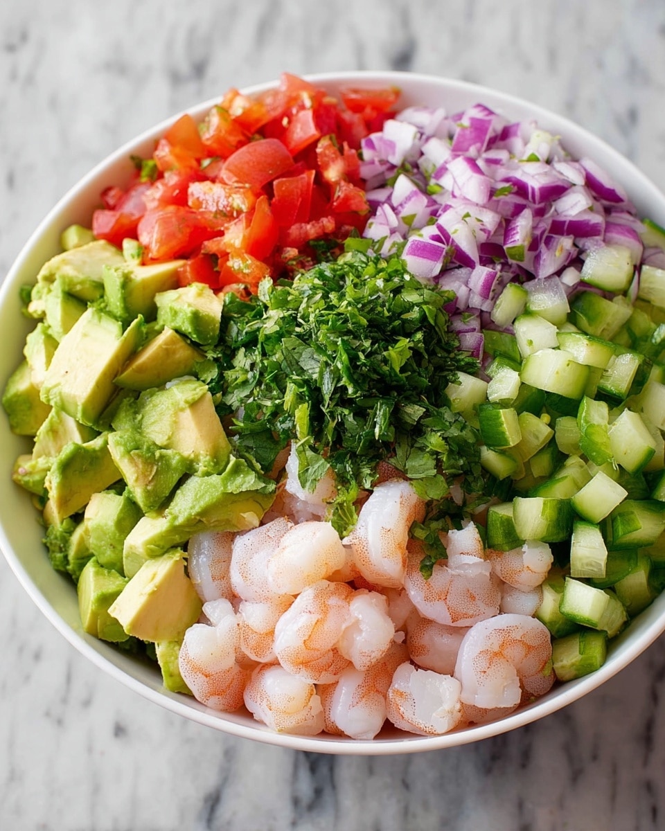 A white bowl filled with six distinct layers of fresh ingredients. The bottom layer is made of small pieces of shrimp, pale pink and white in color, spread evenly. On top of the shrimp, there are separate piles of diced green cucumber, chopped red tomatoes, cubed light green avocado, thinly sliced purple onion, small chopped green jalapeños, and finely chopped darker green herbs in the center. The bowl sits on a white marbled surface. Photo taken with an iphone --ar 4:5 --v 7