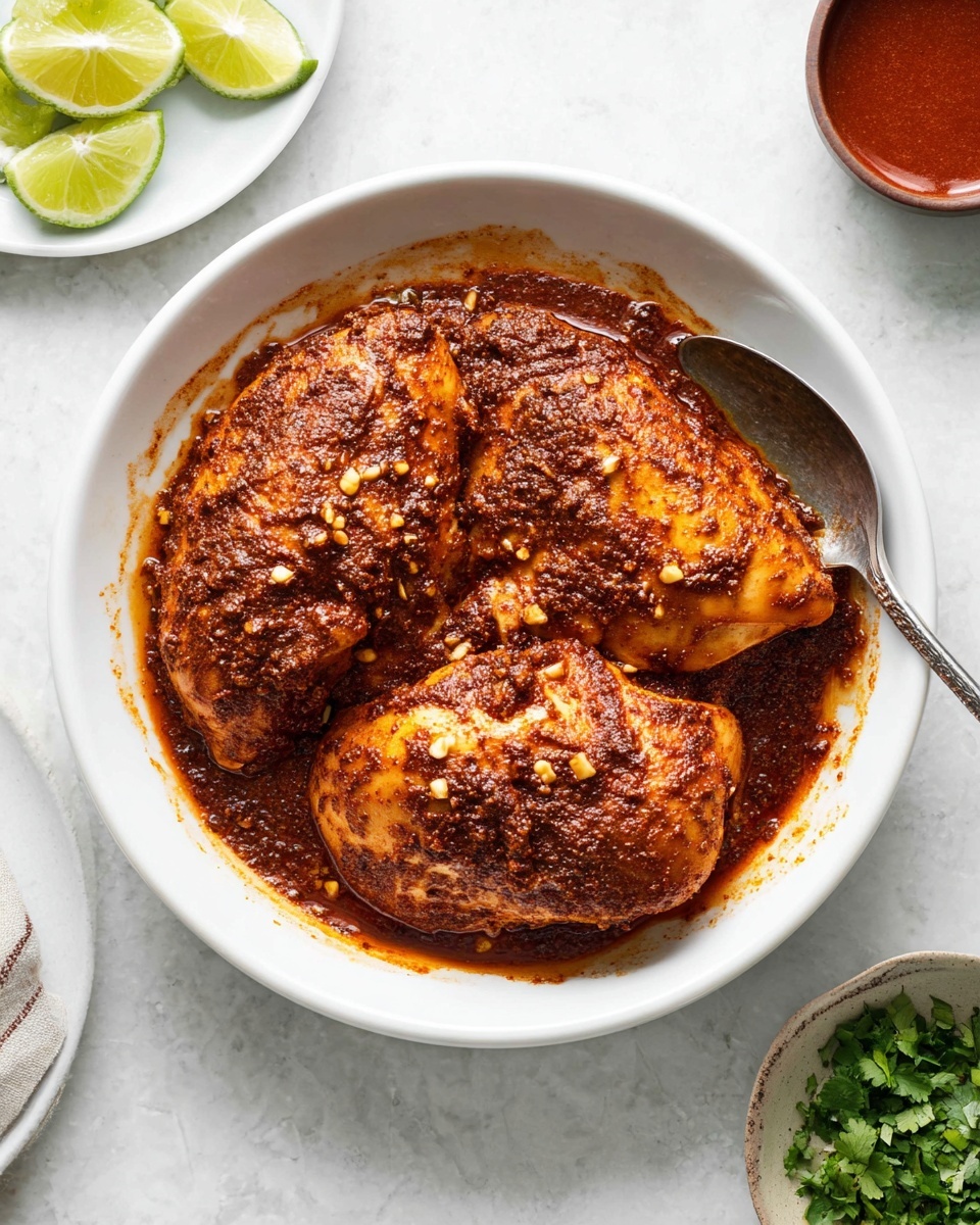 A white bowl holds three pieces of raw chicken covered in a thick, dark reddish-brown spice mix with visible small chunks of garlic and pepper. The chicken pieces sit closely together with sauce spread around and a silver spoon resting under the rightmost piece. Around the bowl, there is a small round container with red sauce on the upper right, a white plate with sliced lime wedges on the upper left, and a white plate with chopped green herbs on the bottom left, all placed on a white marbled surface. photo taken with an iphone --ar 4:5 --v 7