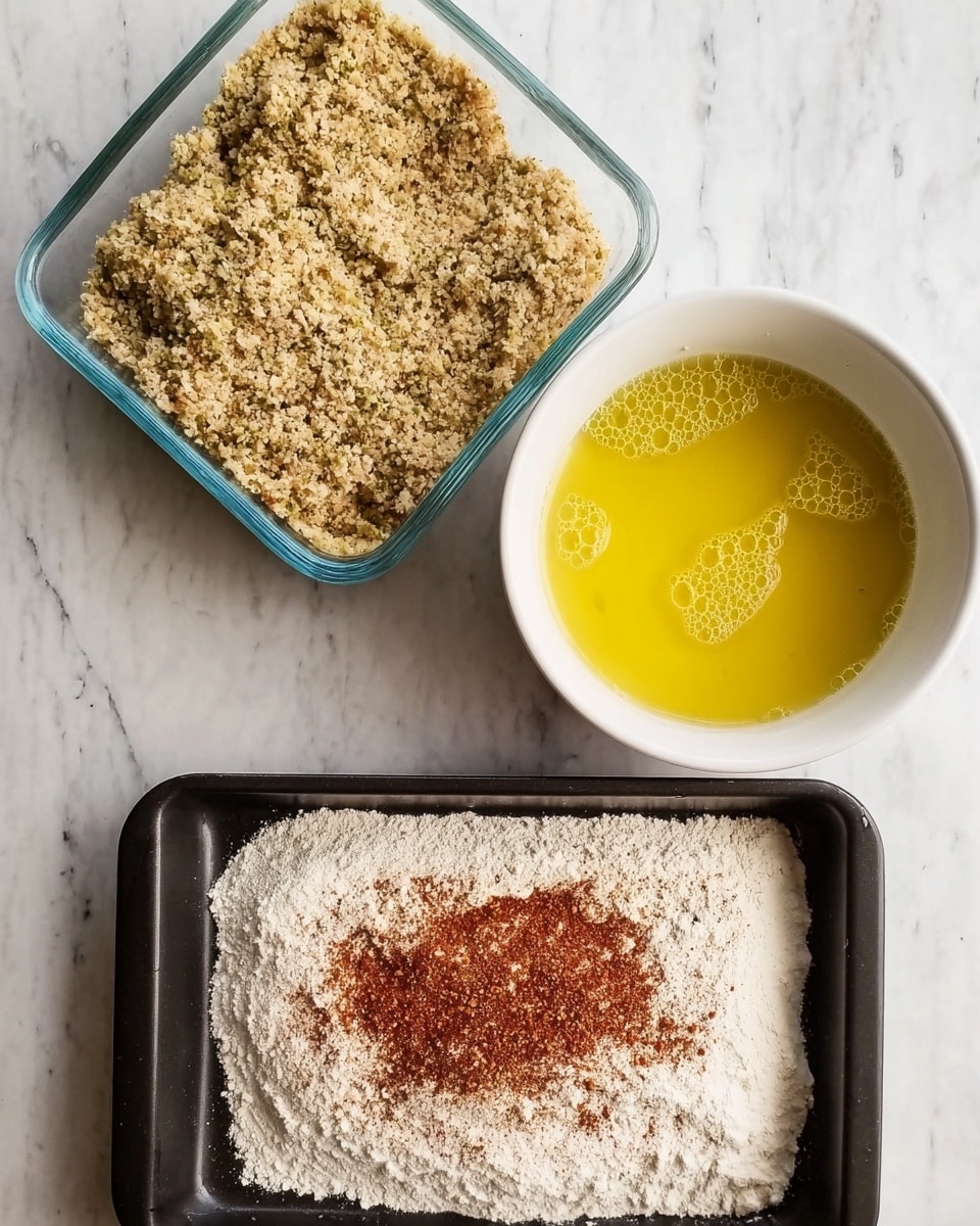 The image shows three containers on a white marbled surface. At the top is a clear square glass dish filled with a dry, crumbly mixture that looks light brown with small green bits. In the middle, there is a white round bowl containing a bright yellow foamy liquid with bubbles on the surface. At the bottom, there is a black rectangular tray filled with white flour mixed with some red spices spread unevenly on top. photo taken with an iphone --ar 4:5 --v 7