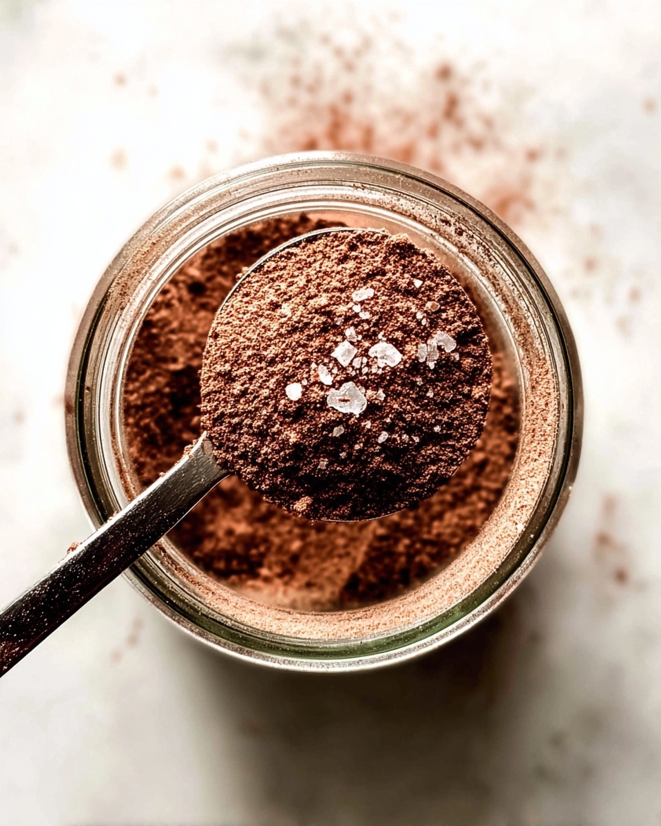 A close-up top view of a metal measuring spoon filled with fine, brown powder with small salt crystals on top, held over a clear glass jar which is also filled with the same brown powder, all set against a white marbled surface showing some scattered powder near the jar's opening, photo taken with an iphone --ar 4:5 --v 7