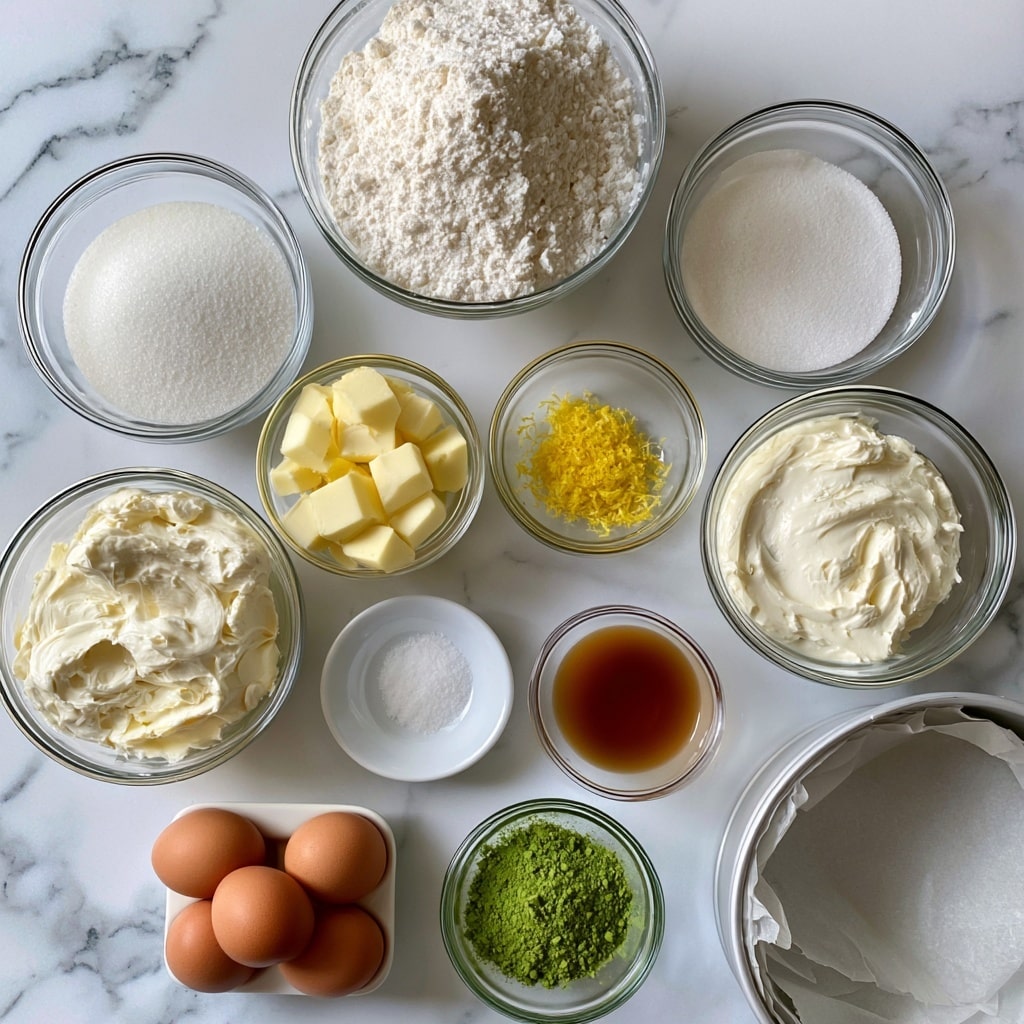 The image shows several clear glass bowls and a small white dish arranged neatly on a white marbled surface. Each bowl holds a different ingredient: a large bowl of white flour on top, a medium bowl of white sugar below it, a bowl of cream cheese with a smooth, slightly whipped white texture, and a bowl of sour cream with a thick white texture. There is a bowl of small, pale yellow cubes of butter in the center, alongside a small bowl of bright yellow lemon zest and a small bowl of light brown vanilla extract. Another small bowl holds white salt, and one bowl contains finely ground bright green matcha powder. Three brown eggs sit together in a small white egg holder. On the bottom right, a round springform pan lined with baking paper rests on the marbled surface. Photo taken with an iphone --ar 4:5 --v 7