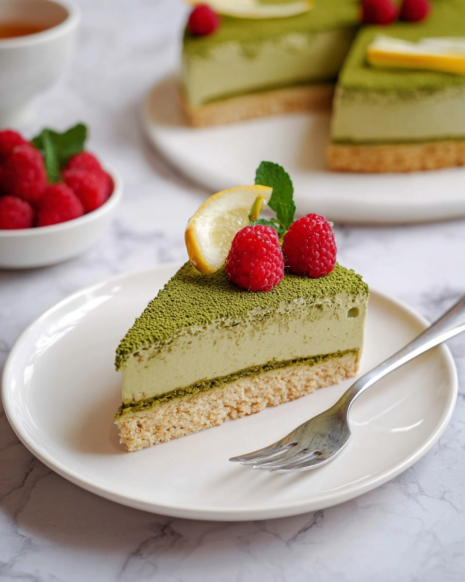 A slice of green matcha cake with three visible layers: a light tan crumbly base, a thick pale green middle layer with a soft texture, and a darker green dusted top layer that looks smooth with powdered matcha. On top, there are two bright red raspberries and a thin lemon slice with a small green leaf for decoration. The cake slice is on a white plate with a silver fork resting on the right side. In the background, more slices and a small white bowl filled with red raspberries and green leaves are seen on a white marbled surface. Photo taken with an iphone --ar 4:5 --v 7