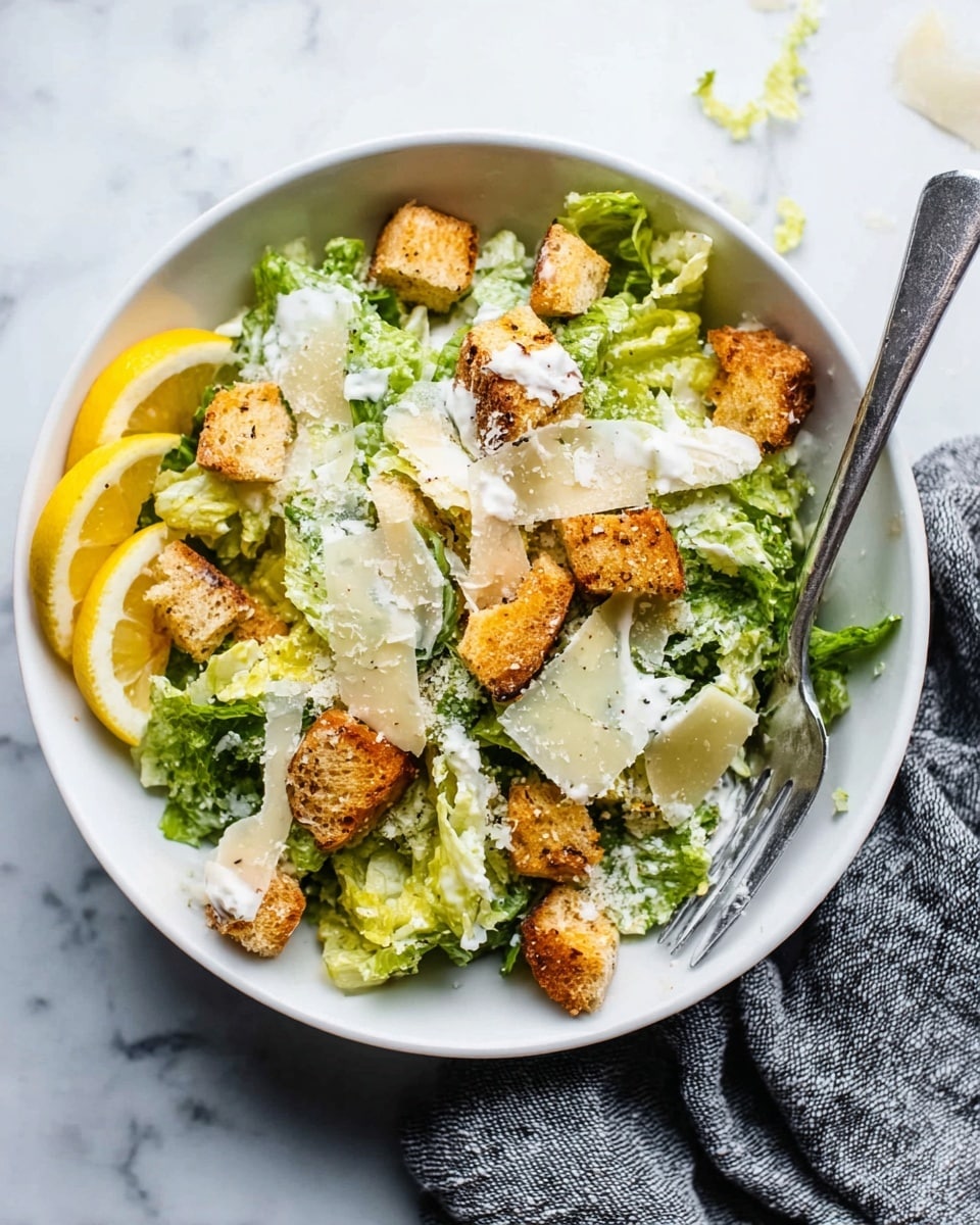 A white bowl filled with a fresh salad featuring a base layer of green lettuce leaves, topped with golden brown croutons scattered evenly, pale yellow slices of shaved cheese layered on top, and small white dollops of creamy dressing spread throughout. On the left side, there are three lemon slices arranged neatly along the edge of the bowl. A silver fork is placed inside the bowl on the right side, partly resting on the salad. The bowl is set on a white marbled surface with a textured gray cloth nearby. photo taken with an iphone --ar 4:5 --v 7