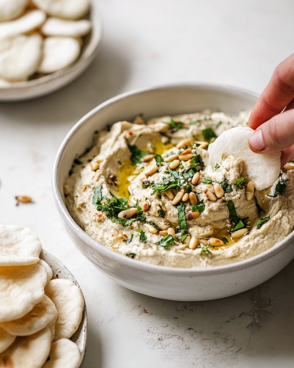 A white bowl filled with creamy beige dip topped with green chopped herbs and small golden-brown pine nuts, with a drizzle of golden oil adding shine. A woman's hand holds a white chip dipped in the creamy mixture in the foreground. In the background, there is another white bowl filled with white round chips. The surface is a white marbled texture. Photo taken with an iphone --ar 4:5 --v 7