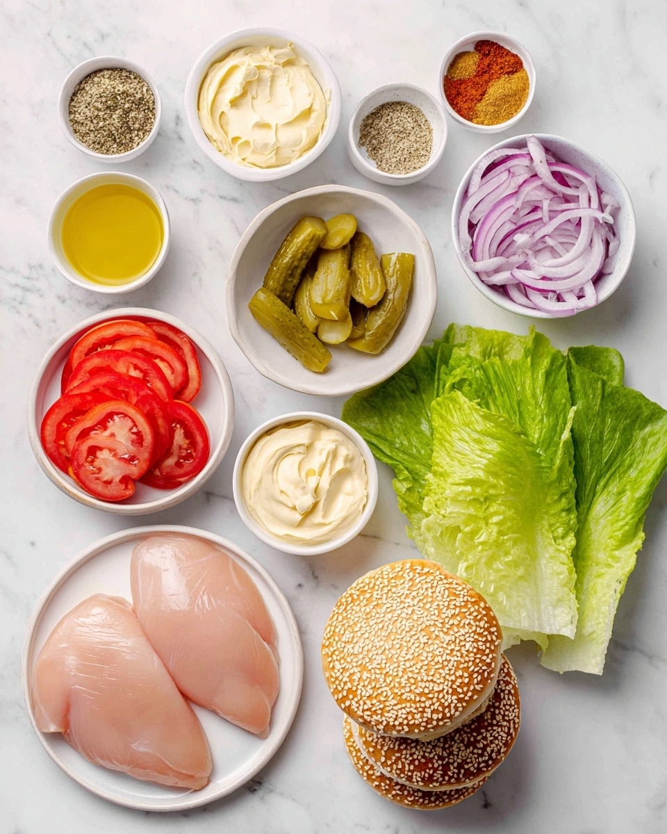 The image shows ingredients for making chicken sandwiches arranged on a white marbled surface. There are two raw chicken fillets on a white plate at the bottom left side, next to a stack of four sesame seed sandwich buns on the bottom right. Moving upward, there are small white bowls filled with pale yellow mayonnaise, green pickle slices, light brown mustard, yellow oil with herbs, a mix of spices with red and beige colors, and thinly sliced red onions in a small bowl at the top left. On the right side, there are three bright red tomato slices in a white bowl and two large fresh green romaine lettuce leaves placed above them. The whole presentation is clean and bright, focused on fresh ingredients in simple bowls. photo taken with an iphone --ar 4:5 --v 7