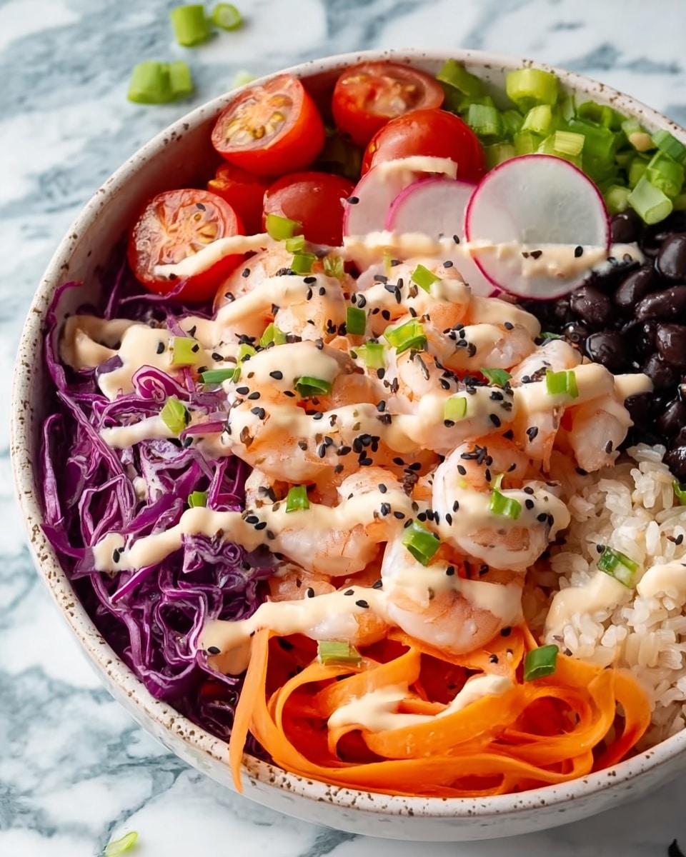 A white bowl filled with several layers of food on a white marbled surface. The bottom layer consists of thin, bright orange carrot strips, topped with a layer of light pink shrimp sprinkled with black sesame seeds and small green sliced scallions. To the left, there are finely shredded purple cabbage pieces, with a few small green sliced scallions on top. Above the cabbage are halved, bright red cherry tomatoes with a light creamy sauce drizzled over them. To the upper right of the shrimp, there is a section of dark black beans beside thin white round slices of radish, also topped with a light creamy sauce. A small portion of light beige rice with some green scallions is placed near the right edge of the bowl. The whole dish is drizzled with a light creamy sauce and scattered with black sesame seeds and green sliced scallions. Photo taken with an iphone --ar 4:5 --v 7