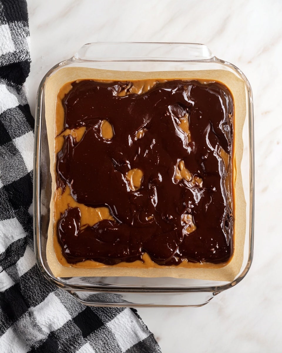 The image shows a clear glass square baking dish lined with parchment paper, filled with a two-layer dessert. The bottom layer is smooth and tan, likely a peanut butter or caramel base, covering the whole dish. On top, the second layer is dark brown, glossy, and thick, spread unevenly in patches over the tan base. The baking dish sits on a white marbled surface with a black and white checkered cloth partially visible beneath it. Photo taken with an iphone --ar 4:5 --v 7