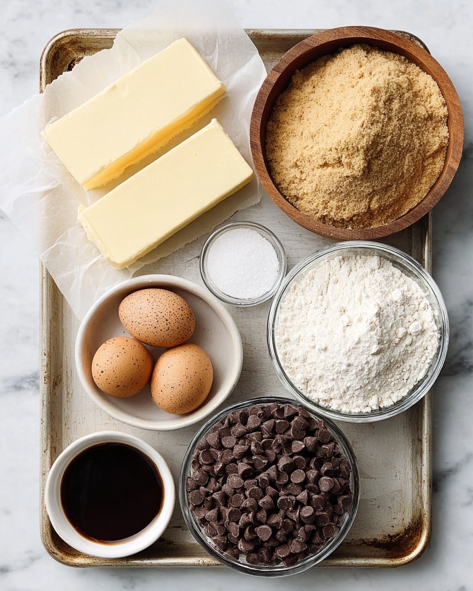The image shows a baking tray with several ingredients neatly arranged on it, all placed on a white marbled surface. On the left side, there are two blocks of pale yellow butter on white parchment paper. Next to the butter is a small wooden bowl with white powder, likely baking soda or baking powder. Below it, two raw brown-speckled eggs sit close together. Near the bottom left is a small white bowl filled with dark brown vanilla extract. In the center, there is a clear glass bowl filled with white flour, and above it, a large metal bowl holds light brown sugar with a slightly crumbly texture. On the right side, a white bowl contains many small dark brown chocolate chips, filling the bowl almost to the top. The arrangement is clean and organized, with a variety of textures from smooth to crumbly and colors from pale yellow to dark brown. Photo taken with an iphone --ar 4:5 --v 7