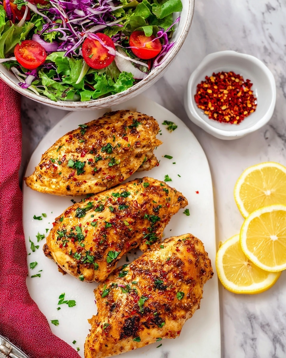 Three grilled chicken pieces with a golden brown outside, sprinkled with green parsley and red chili flakes, laid out on a white marbled surface. To the side, there are slices of fresh yellow lemon arranged in a small cluster at the bottom right. Above the chicken is a white bowl with mixed salad containing leafy greens, thin strips of purple cabbage, and bright red cherry tomatoes. There is also a small white bowl filled with red chili flakes placed near the salad bowl. The overall setting is clean with a white marbled texture background and a hint of a red cloth underneath the salad bowl. Photo taken with an iphone --ar 4:5 --v 7