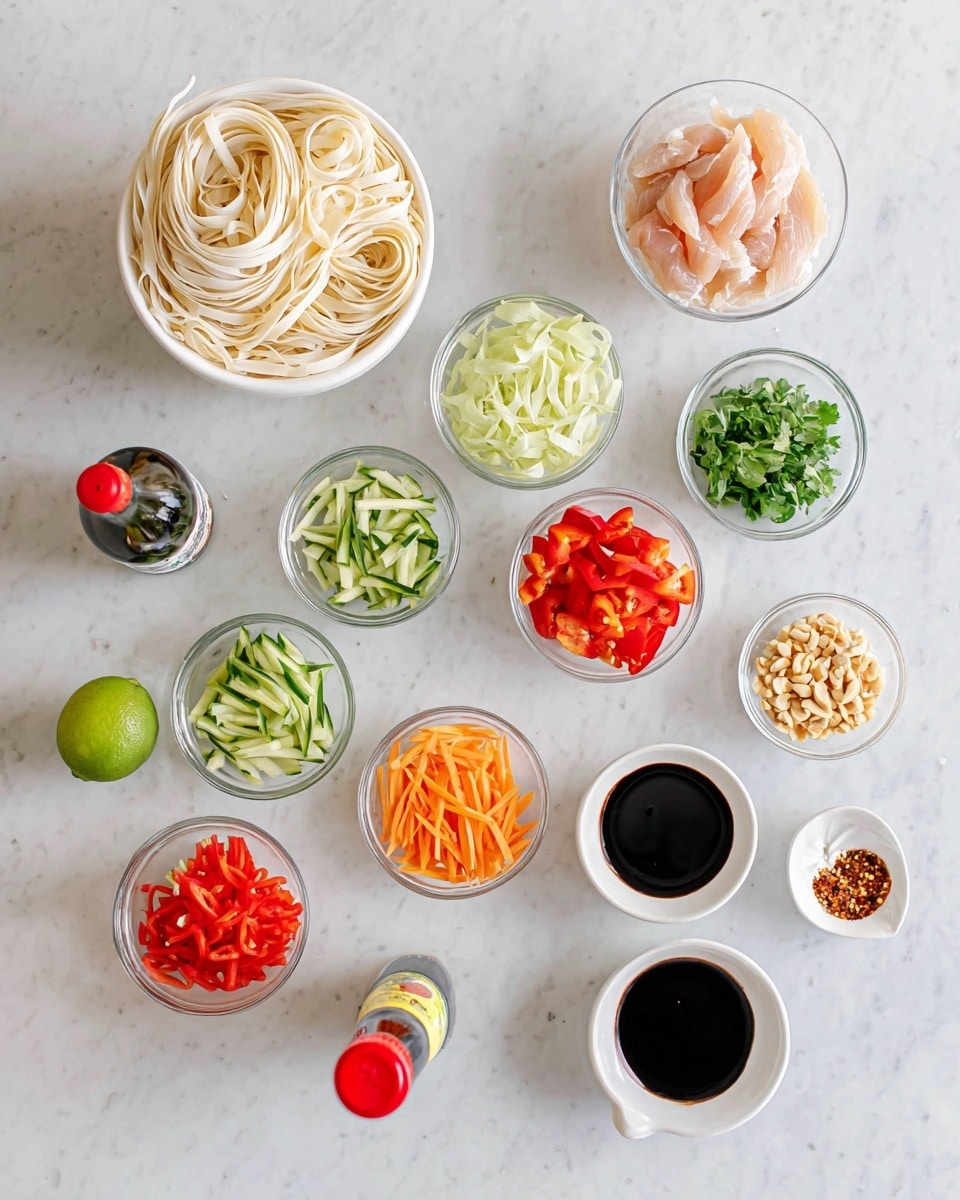 A white bowl holds pale beige flat rice noodles coiled neatly, placed on a white marbled surface. Near the bowl is a halved green lime with a bright green rind and juicy inside. A clear glass bowl contains thin strips of light pink raw chicken. Around these main bowls are smaller white bowls and clear dishes that hold different finely prepared ingredients: chopped green onions, sliced dark green zucchini sticks, chopped red tomatoes, shredded orange carrots, sliced red bell peppers, chopped green leafy herbs, minced garlic, minced ginger, crushed peanuts, a dark soy sauce in a white bowl, a bottle of soy sauce with a red cap, and a small dish of red chili flakes. All items are organized and spaced evenly on the white marbled surface. Photo taken with an iphone --ar 4:5 --v 7