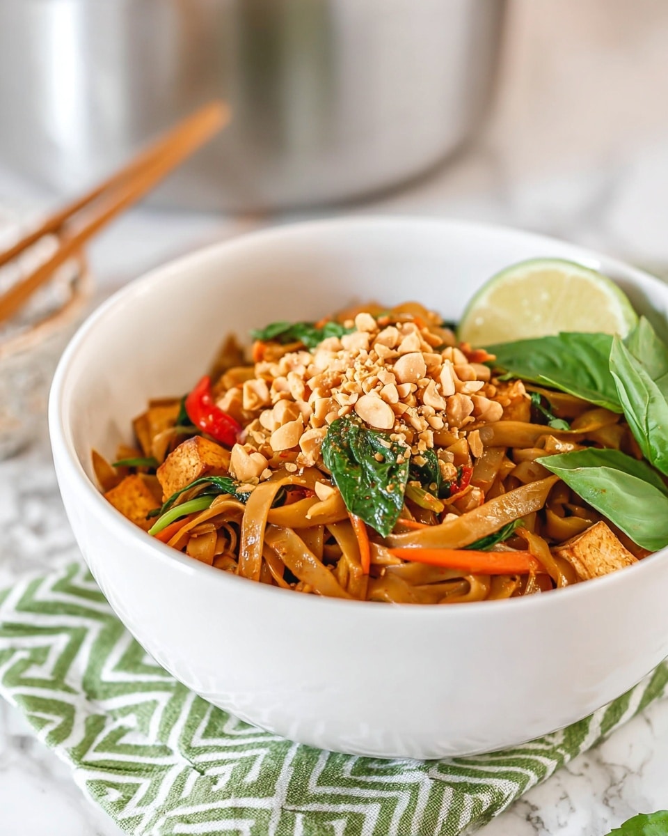 A white bowl filled with three main layers: at the bottom, wide, flat brown noodles mixed with small pieces of orange carrots and green leaves, in the middle, chunks of light brown cooked tofu scattered throughout, and on top, a crunchy layer of chopped pale brown peanuts with a few small bright red chili pieces and fresh dark green basil leaves, finishing with a wedge of pale yellow lime placed on the edge of the bowl. The bowl is set on a cloth with a green and white triangular pattern over a white marbled surface, with a blurred silver pot and wooden chopsticks in the background. Photo taken with an iphone --ar 4:5 --v 7