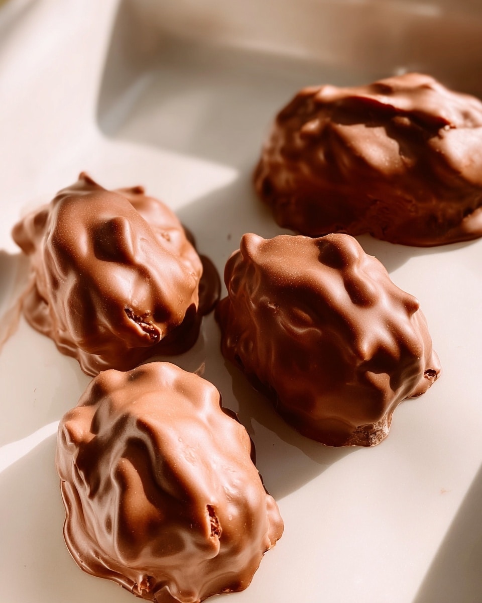 There are four small, uneven mounds of milk chocolate with a smooth, shiny texture, each covering a crunchy nut inside. The chocolate coating has soft ridges and slight wrinkles, with some darker chocolate edges showing where it pooled. The mounds are on a white tray that has a glossy surface with soft shadows. The overall look is warm with soft light highlighting the creamy chocolate texture. photo taken with an iphone --ar 4:5 --v 7