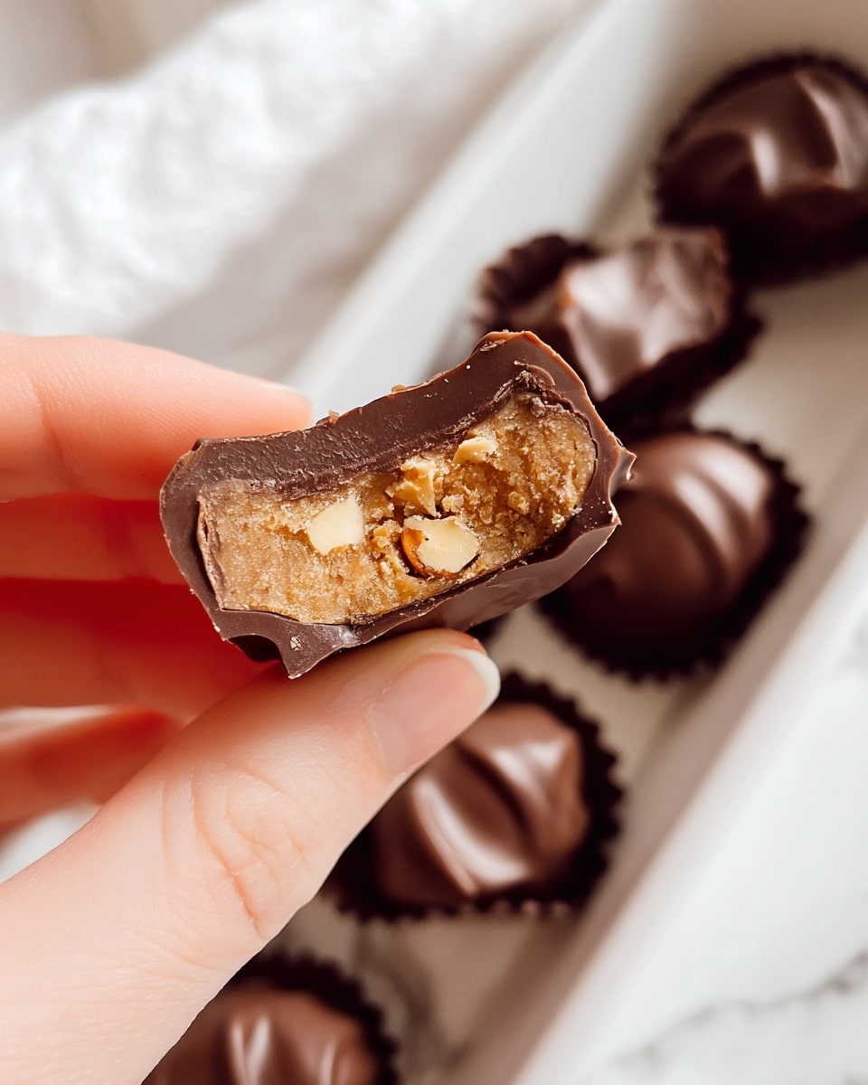 A close-up view shows a woman's hand holding a dark chocolate candy with a bite revealing three layers inside: a glossy dark brown chocolate outer shell, a middle crumbly light brown nutty filling, and a small piece of light beige nut embedded in the center. In the background, more similar chocolates rest inside a white tray, all placed on a white marbled surface. The image captures the textures clearly, with focus on the layered candy held near the camera, with softer focus on the chocolates behind it. photo taken with an iphone --ar 4:5 --v 7