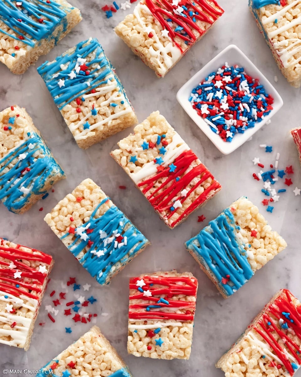 The image shows many rectangular rice crispy treats arranged on a white marbled surface. Each treat has two layers: the bottom layer is the light tan crispy rice texture, and the top layer is dipped in smooth, colorful icing in red, white, or blue. The icing is decorated with thin drizzled lines in contrasting colors red, white, and blue, along with small round and star-shaped sprinkles in matching colors scattered over. There is also a small white square dish filled with red, white, and blue star sprinkles placed among the treats. photo taken with an iphone --ar 4:5 --v 7