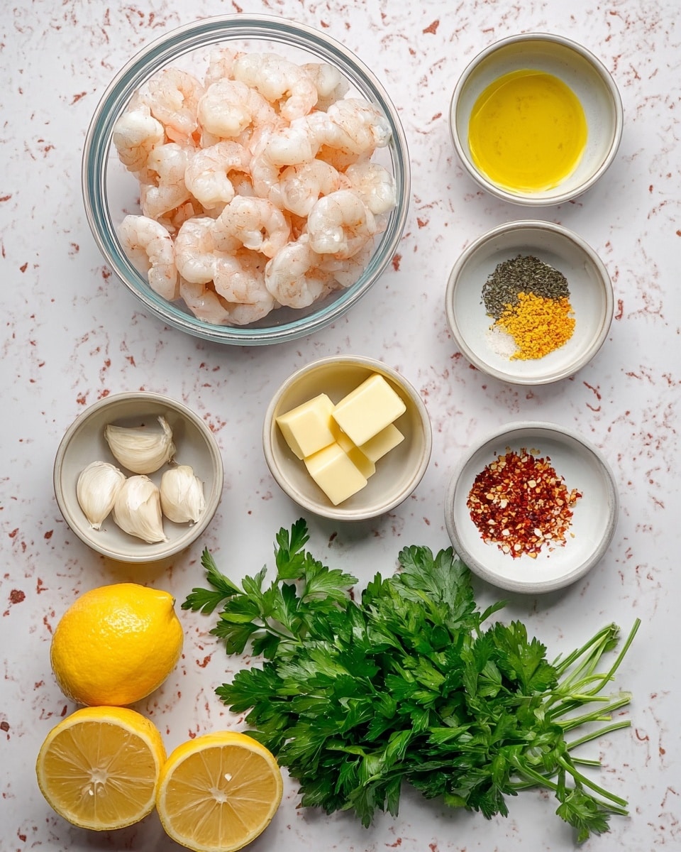 A top-down view of several small bowls and fresh ingredients arranged neatly on a white marbled surface. In the center, there is a clear glass bowl filled with pale pink shrimp. Surrounding it are six small white bowls each with different contents: two yellow butter cubes, golden olive oil, white salt, dark ground pepper, finely grated yellow lemon zest, and red chili flakes. Below the bowls are four cloves of garlic, two lemon halves with bright yellow flesh, and a bunch of fresh, vibrant green parsley leaves. The layout is clean and organized, showing every ingredient clearly. photo taken with an iphone --ar 4:5 --v 7