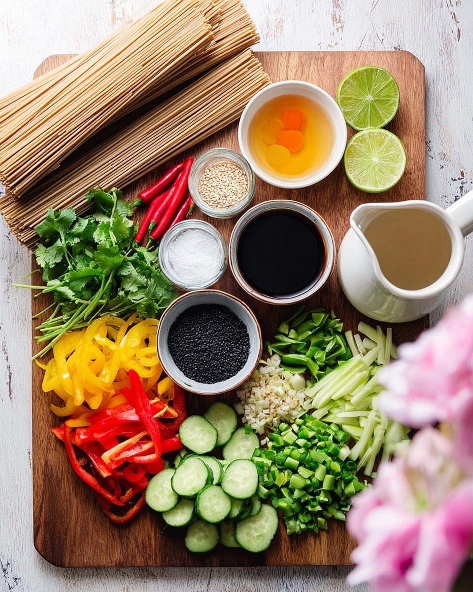 The image shows a wooden board on a white marbled surface filled with colorful ingredients. On the top left are bundles of light brown noodles, next to a small bowl of bright orange liquid, and several lime wedges with red chili peppers on the side. There are small bowls with white sesame seeds, black seeds, white salt, and sauces, including a dark soy sauce in a white pitcher and a beige liquid in a small bowl. Fresh herbs like green cilantro sit near the center. At the bottom of the board, there are sliced cucumber rounds, thin strips of red and yellow bell peppers, and chopped green onions. To the right, there are chopped green beans, snap peas, and pale green chopped celery. Soft pink flowers are out of focus on the right edge. photo taken with an iphone --ar 4:5 --v 7