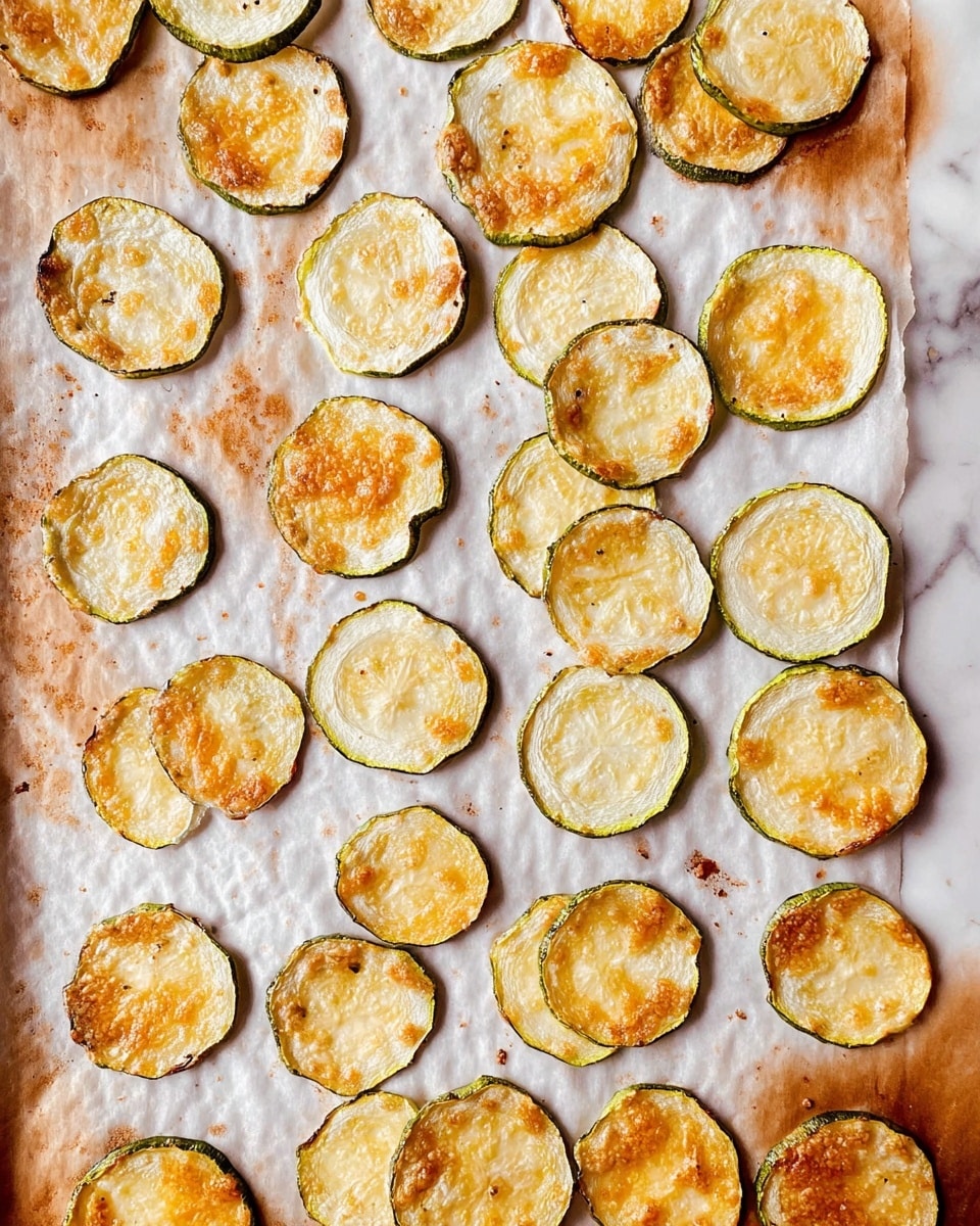 This image shows a flat surface covered with parchment paper that has brown oil stains on it. On the paper, there are many thin, round slices of zucchini scattered evenly. The zucchini slices are cooked and have a mix of light green edges with creamy white centers, some with golden brown spots from cooking. The texture of the slices looks slightly crispy with a mix of smooth and browned parts. The overall setting is simple, displaying just the zucchini slices on the parchment, with the background being a white marbled texture. photo taken with an iphone --ar 4:5 --v 7