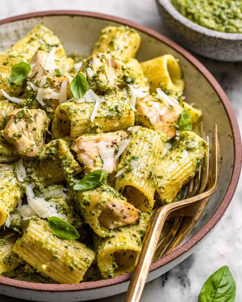 This image shows a close-up of a bowl filled with rigatoni pasta coated in creamy green pesto sauce, mixed with pieces of light golden cooked chicken. The pasta is tube-shaped and ribbed, covered evenly in a smooth, herb-speckled green sauce. Small grated white cheese bits are sprinkled on top along with fresh green basil leaves scattered around. A worn brass fork rests partly inside the bowl and a gray bowl of additional green pesto is visible in the blurry background. The bowl is white with a brownish-red rim, placed on a white marbled surface photo taken with an iphone --ar 4:5 --v 7