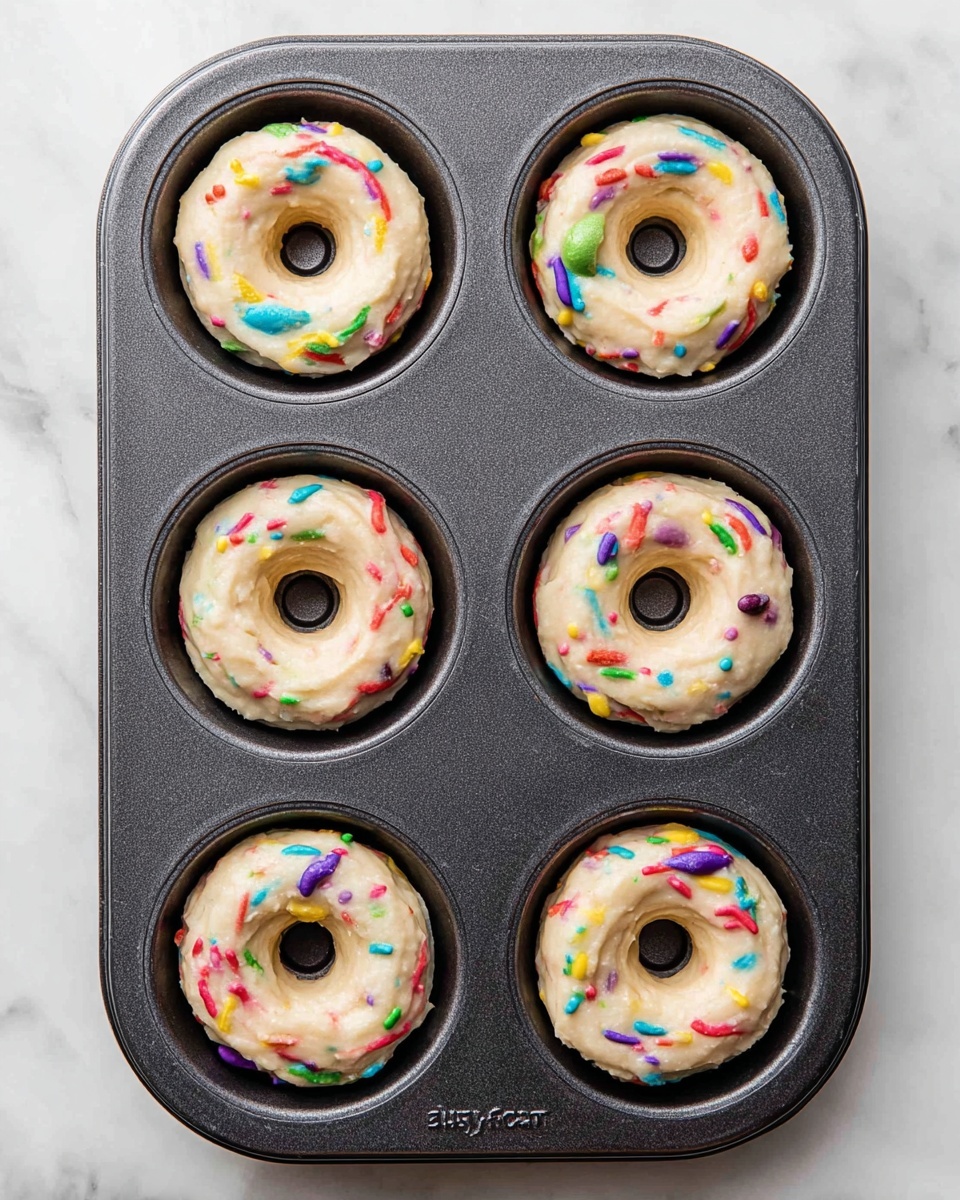 A dark gray donut baking tray holding six unbaked cake donuts, each filled with light beige batter mixed with small colorful sprinkles in red, green, blue, purple, yellow, and orange, swirled around forming round shapes with a hole in the center. The tray is placed on a white marbled surface. photo taken with an iphone --ar 4:5 --v 7