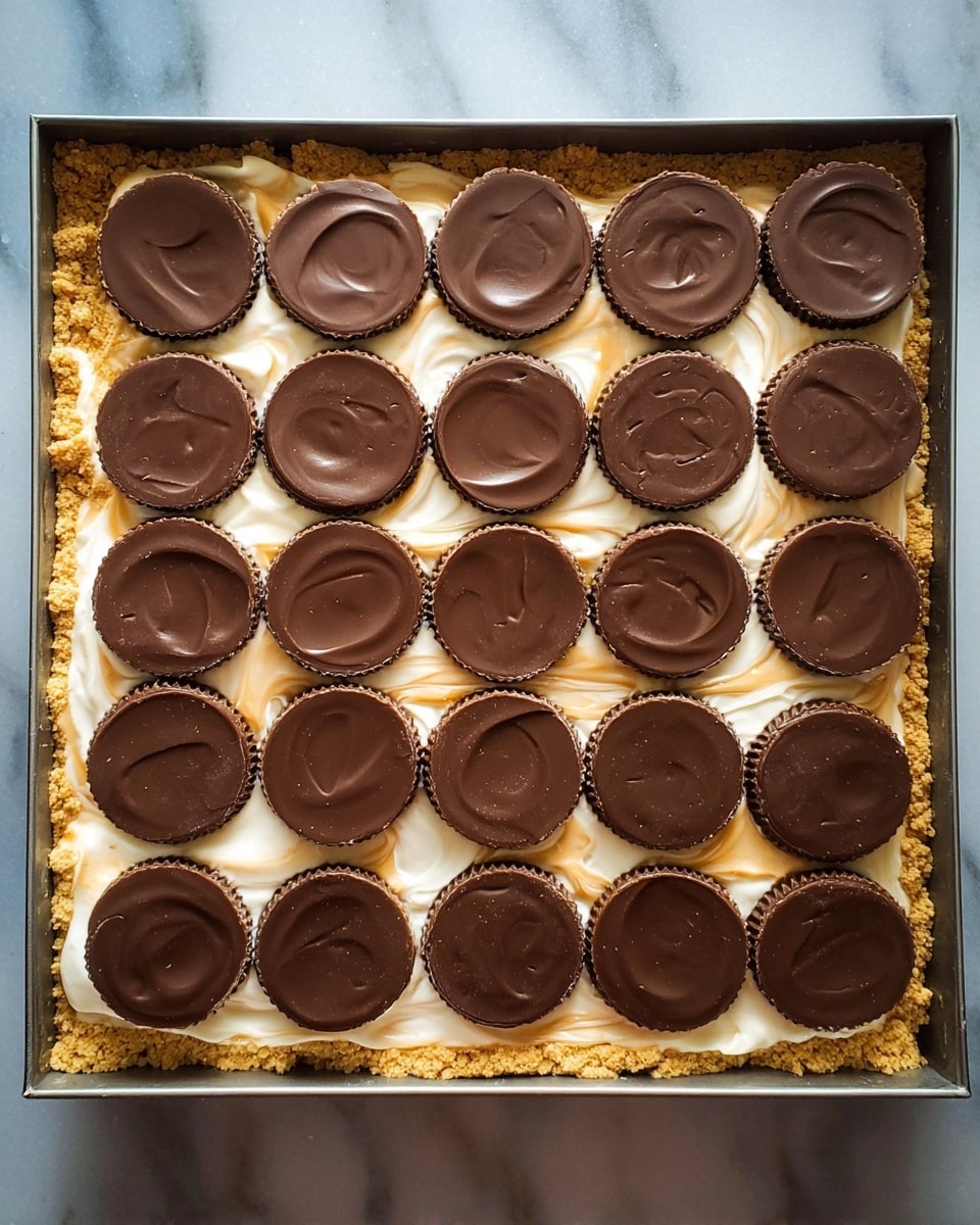 The image shows a square pan with layers of a dessert. The bottom layer is light golden brown, crumbly and uneven. On top, there is a smooth, swirled layer of creamy white mixed with a light caramel color that is spread evenly to cover the base. The final layer is made of 24 round chocolate cups arranged in a neat grid of 6 by 4, dark brown in color with slightly textured edges. The chocolate cups create a strong contrast against the lighter creamy layer beneath. The pan sits on a white marbled surface. Photo taken with an iphone --ar 4:5 --v 7