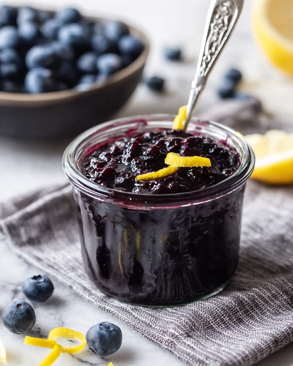 A small clear glass jar filled with thick, dark purple blueberry jam with visible chunks inside, topped with a small twist of yellow lemon peel. A silver spoon with an ornate handle stands inside the jar. The jar is placed on a light gray striped cloth with a few fresh blueberries scattered around and a white marbled texture surface underneath. In the background, there is a dark bowl filled with more blueberries, slightly out of focus. Photo taken with an iphone --ar 4:5 --v 7