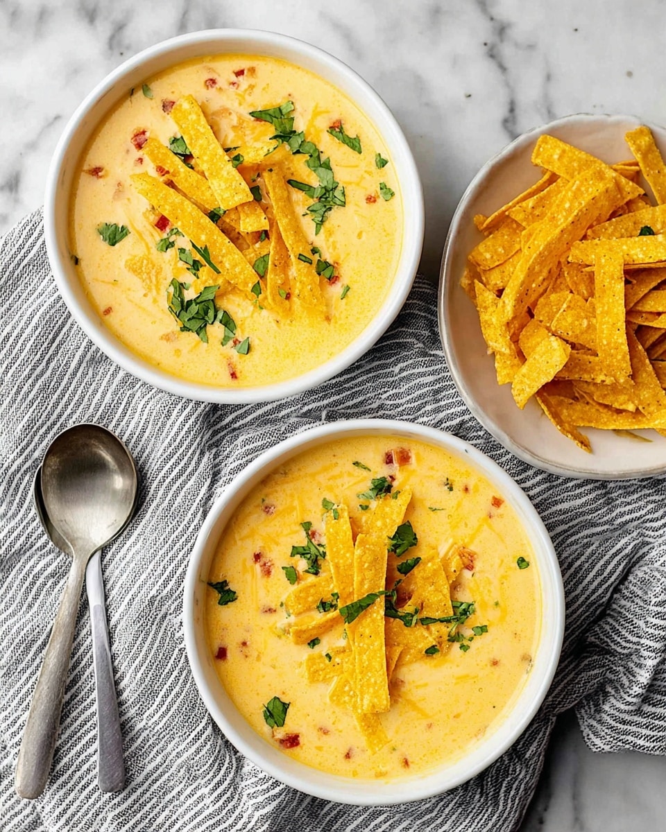 The image shows two white bowls filled with creamy yellow soup that has small red bits and is garnished with fresh green herbs on top. On the surface of the soup in each bowl, there are crunchy golden-yellow tortilla strips laid flat and scattered. Next to the bowls, there is a white bowl filled with more golden-yellow tortilla strips piled high. The bowls and spoon are placed on a folded gray striped cloth over a white marbled surface. Photo taken with an iphone --ar 4:5 --v 7