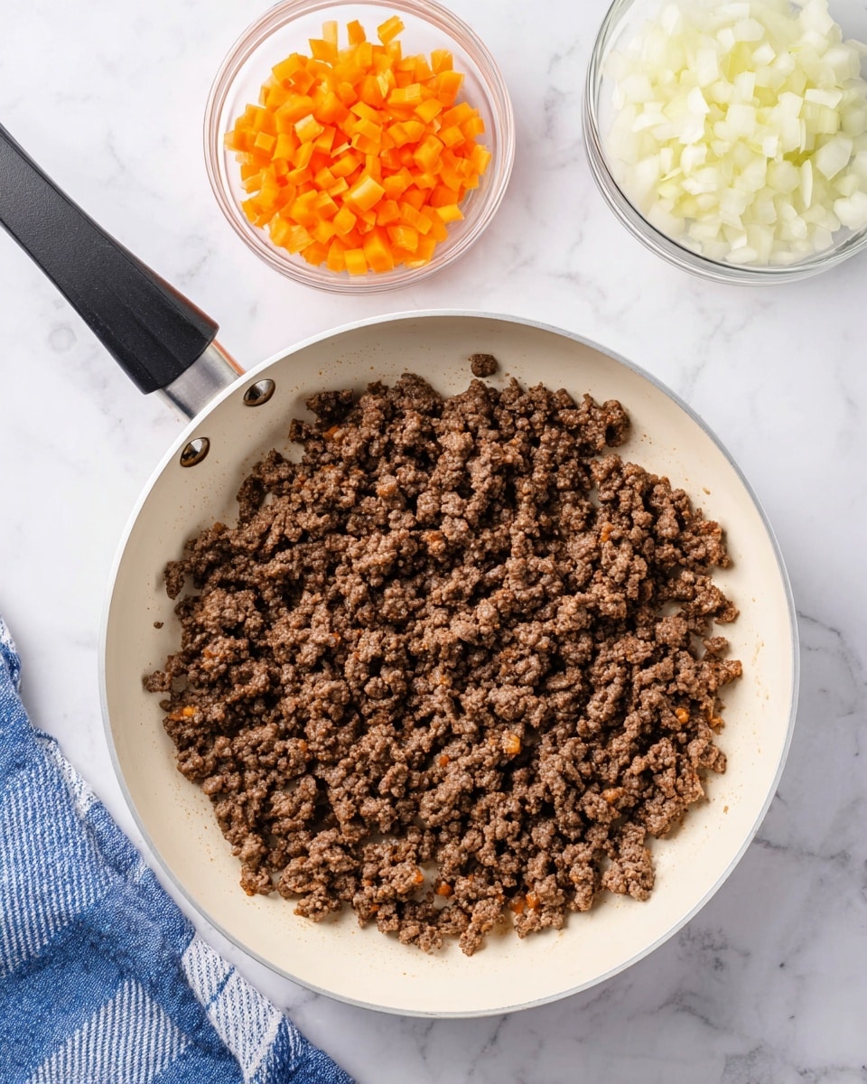 A white frying pan with a black handle filled with cooked ground beef that looks brown and crumbly fills the center of the image. Above the pan, two small clear glass bowls sit on a white marbled surface, one with finely chopped orange bell peppers and the other with finely chopped white onions. A blue and white striped cloth is partially visible under the pan on the left side. The overall scene is bright and clean. photo taken with an iphone --ar 4:5 --v 7