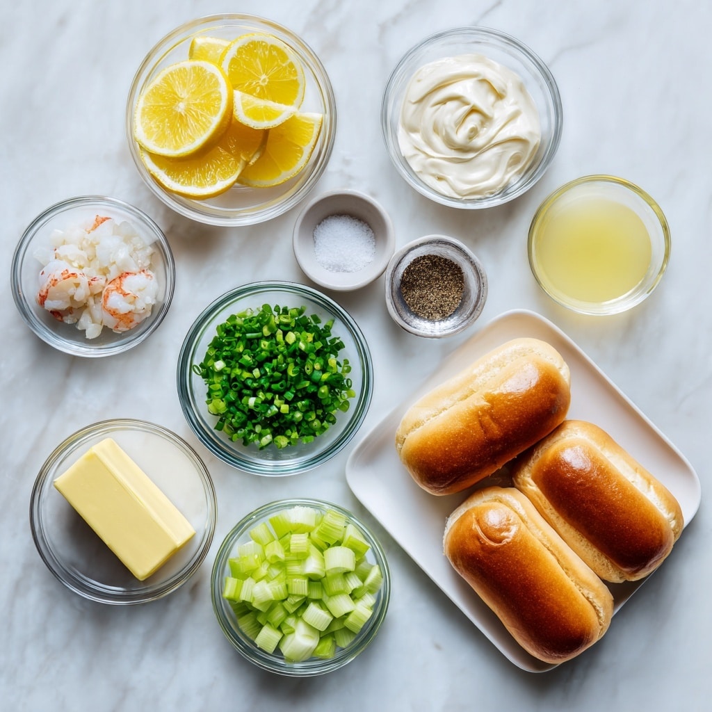 The image shows different ingredients arranged neatly on a white marbled surface. At the top left, a clear glass bowl holds bright yellow lemon wedges. To its right, there is a small clear bowl with creamy white mayonnaise, and next to it a small white bowl with salt and black pepper. Below the mayonnaise, a clear bowl contains finely chopped green onions with a rich green color. To the right of this, there is a clear bowl with pale yellow lemon juice. On the left side below the lemon wedges, a clear bowl holds light green diced celery. Below the green onions, a clear bowl has a thick stick of pale yellow butter. At the bottom left, a clear bowl contains three dark brown lobster tails with white meat exposed at the center. On the far right, there is a white rectangular plate holding four golden-brown New England hot dog buns, each sliced down the middle. All elements are set against the clean white marbled background. photo taken with an iphone --ar 4:5 --v 7
