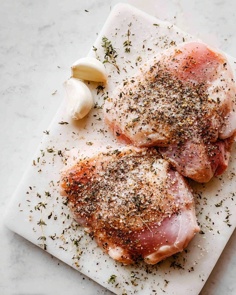 The image shows two pieces of raw chicken thighs on a small white marble cutting board placed on a white marbled surface. The chicken thighs are pink with a light layer of salt and black herbs sprinkled all over, adding texture and contrast. There are two white garlic cloves placed beside the chicken on the cutting board, adding a small touch of natural off-white color. The light and freshness of the scene is clear, with the chicken and garlic being the main focus. photo taken with an iphone --ar 4:5 --v 7