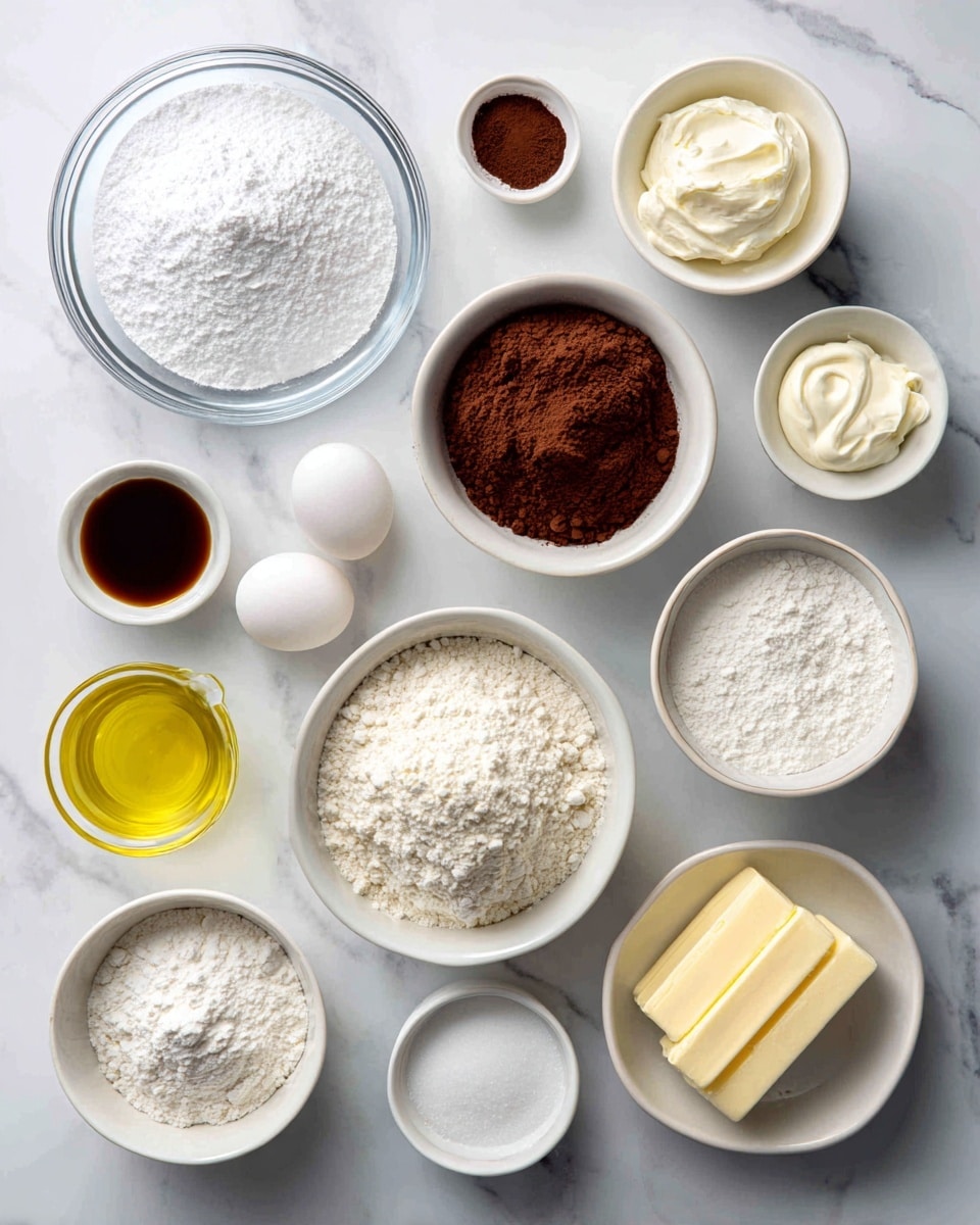 The image shows multiple white bowls and clear glass measuring cups laid out on a white marbled surface, each holding different baking ingredients. There is one large clear glass bowl filled with fine white powdered sugar, a medium white bowl with light brown cocoa powder, another white bowl with white flour, and one white bowl with two raw eggs. Smaller white bowls contain salt, baking powder, and baking soda, while a tiny white bowl holds dark vanilla extract. A clear glass cup is filled with a light yellow oil, and another glass container holds hot water. There are two white bowls with granulated white sugar and heavy cream, and two sticks of pale yellow butter are placed beside a bowl of white buttermilk. Each item is neatly arranged and labeled with large, bold text. Photo taken with an iphone --ar 4:5 --v 7