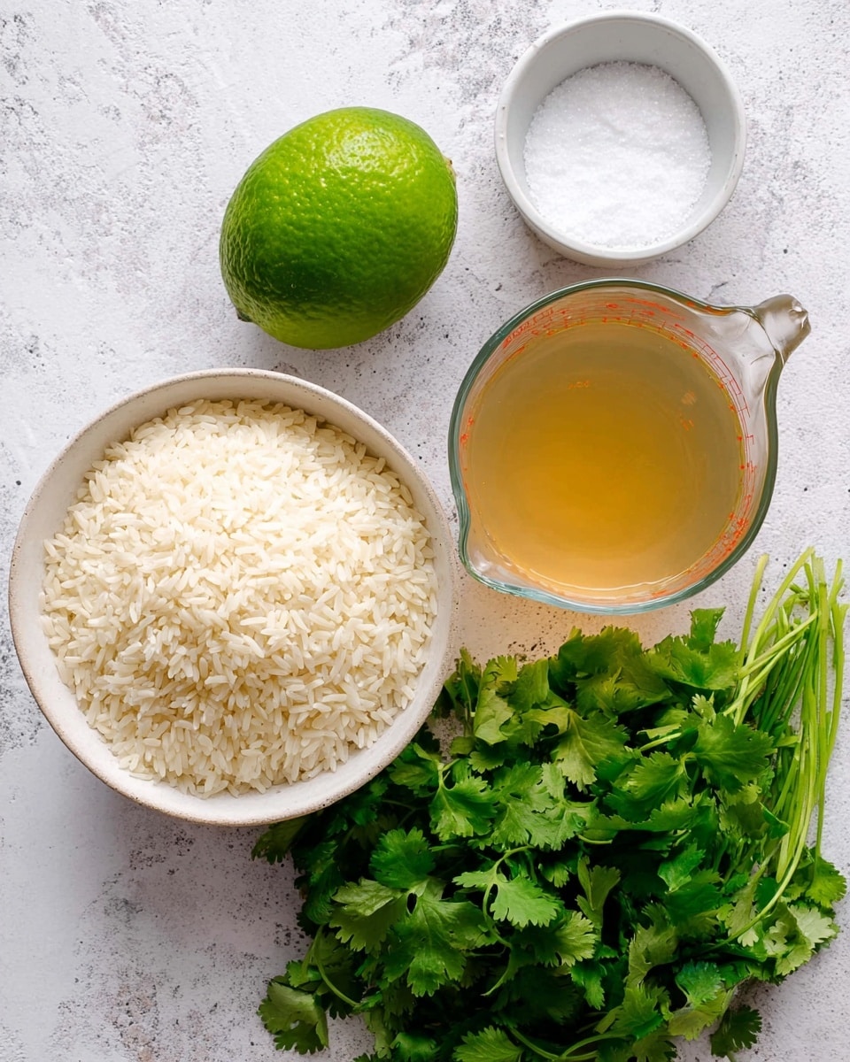 The image shows a flat lay of raw ingredients on a white marbled surface, including a shallow white bowl filled with uncooked white rice grains at the bottom left, a whole bright green lime positioned above the rice, a clear glass measuring jug filled with light brown liquid in the top right, a small white bowl with salt below the jug, and a bunch of fresh green cilantro leaves at the bottom right. Photo taken with an iphone --ar 4:5 --v 7
