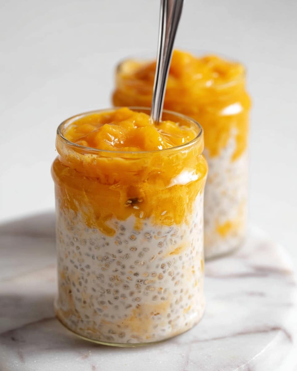 Two clear glass jars sit on a white marbled surface. Each jar has three layers: the bottom and middle layers are creamy with a speckled texture from chia seeds mixed in a white base, and the top layer is a bright orange fruit puree with visible small chunks, giving it a thick and slightly glossy look. One jar has a silver spoon inserted, stirring slightly into the chia seed layer beneath the puree. Photo taken with an iphone --ar 4:5 --v 7
