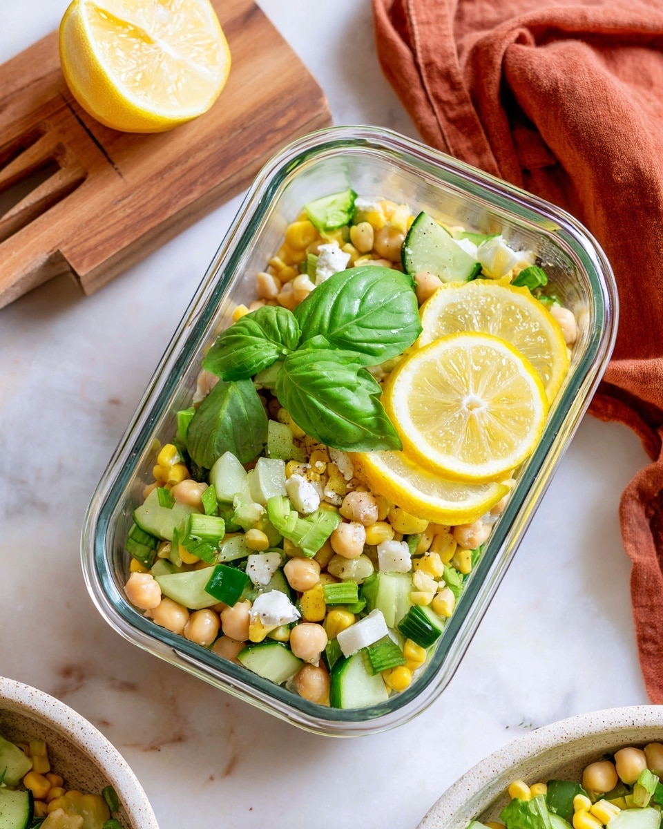 A glass container holds a fresh salad with visible layers of yellow corn kernels, pale chickpeas, bright green chopped cucumber, green onion slices, and small white cheese chunks mixed throughout. On one side of the top layer, there are two thin slices of lemon overlapping with a fresh green basil leaf placed on top. The container sits on a white marbled surface next to a wooden lemon juicer with a lemon half visible above it, and a folded rust-colored cloth on the top right corner. Part of a wooden board and a white bowl with more salad are barely visible at the edges. Photo taken with an iphone --ar 4:5 --v 7