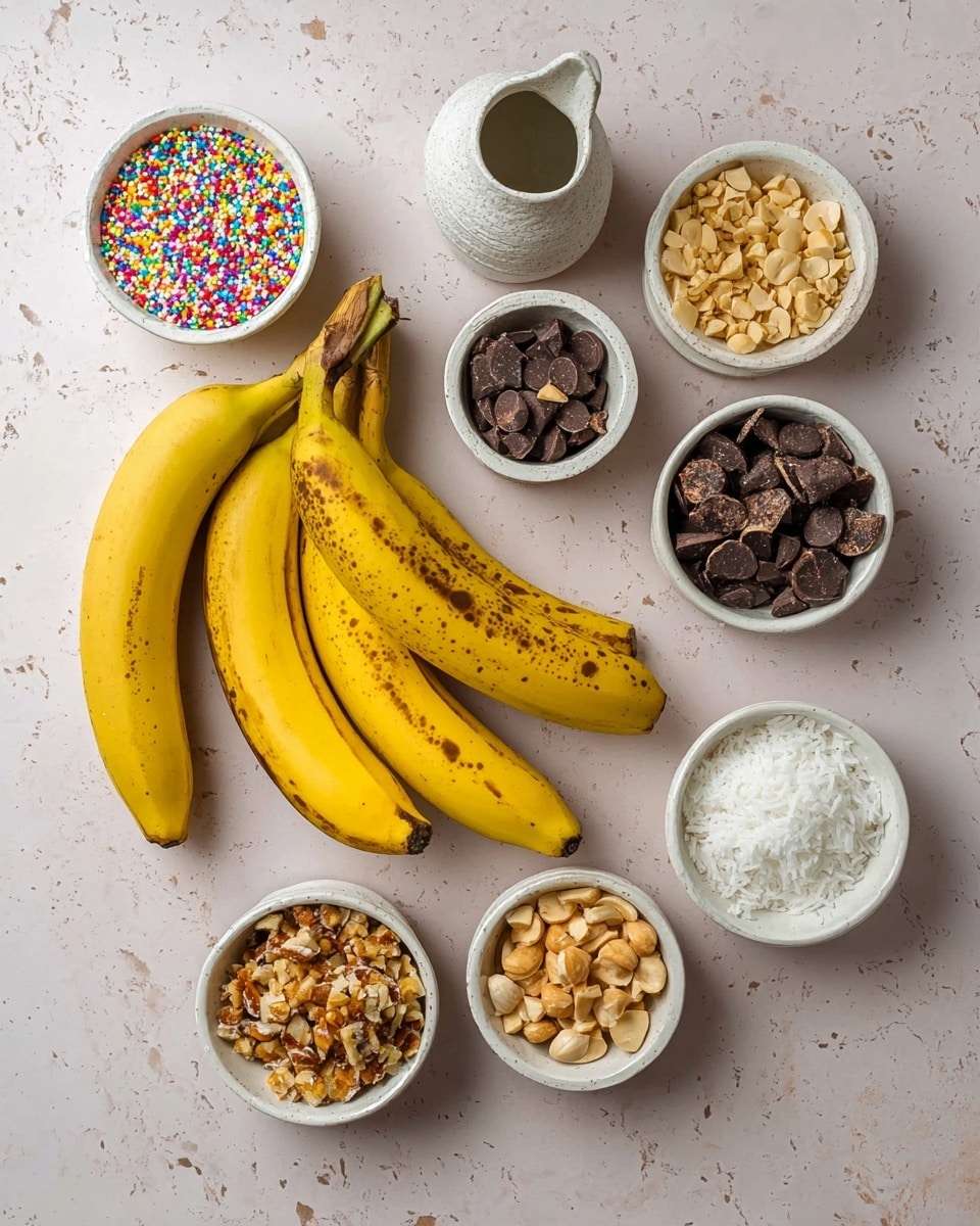 A bunch of five ripe yellow bananas with brown spots lies on a white marbled surface surrounded by seven small white bowls. The bowls hold various toppings: one with colorful sprinkles, one with chopped nuts, one with chocolate chunks, one with chopped white nuts, one with shredded coconut, one with crushed peanuts, and one with chopped toffee or caramel pieces. A small white speckled pitcher sits near the bananas. photo taken with an iphone --ar 4:5 --v 7